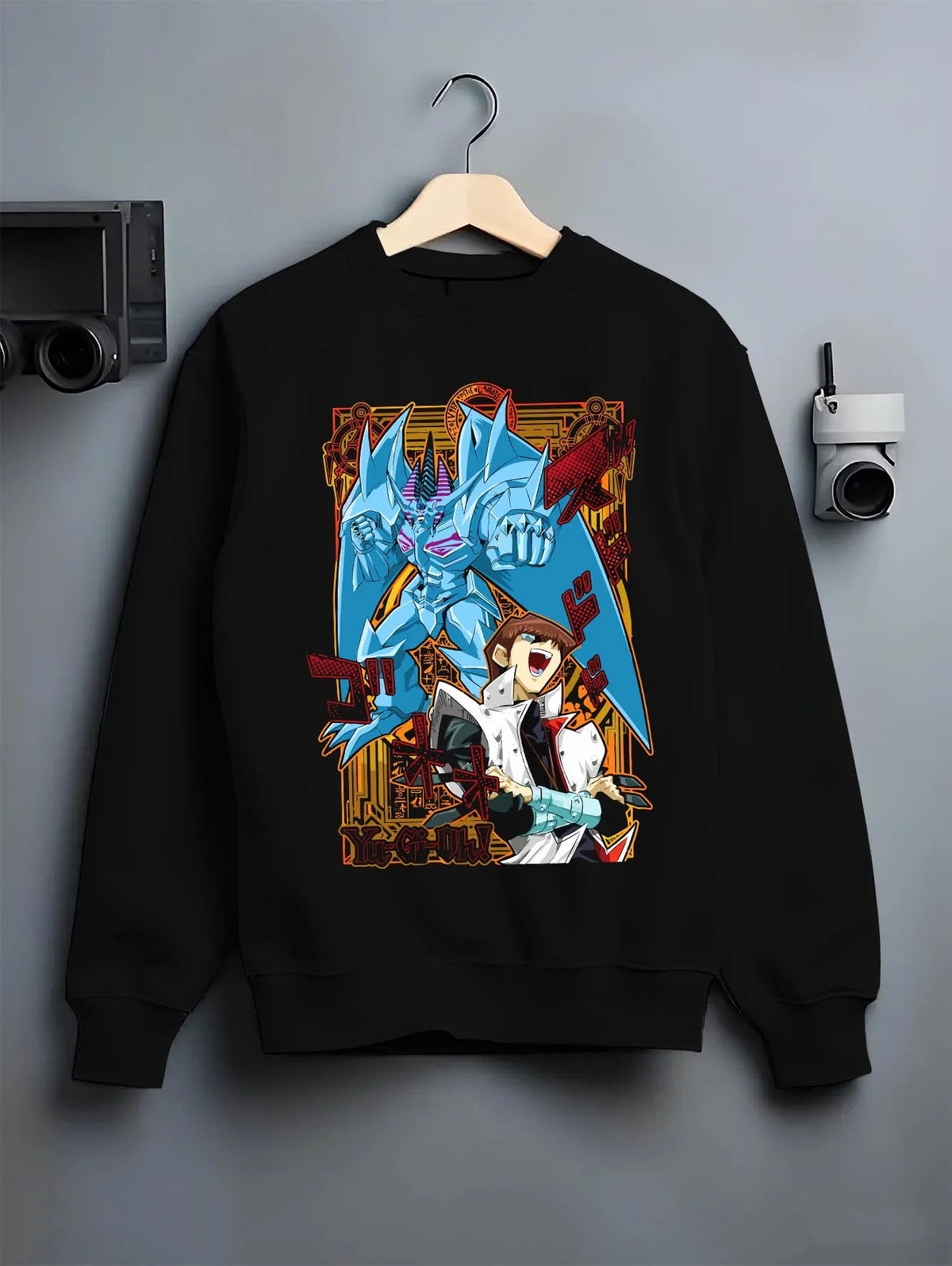 Black crewneck sweatshirt on hanger featuring Seto Kaiba Blue-Eyes White Dragon artwork.