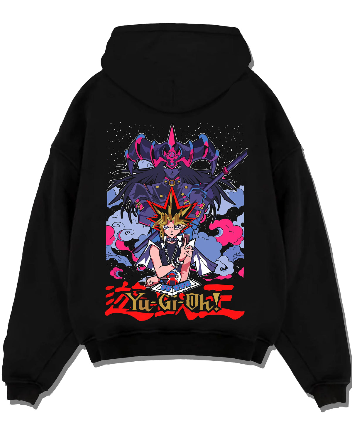 Black hoodie laid flat featuring Seto Kaiba Ultimate Dragon duel monster artwork.