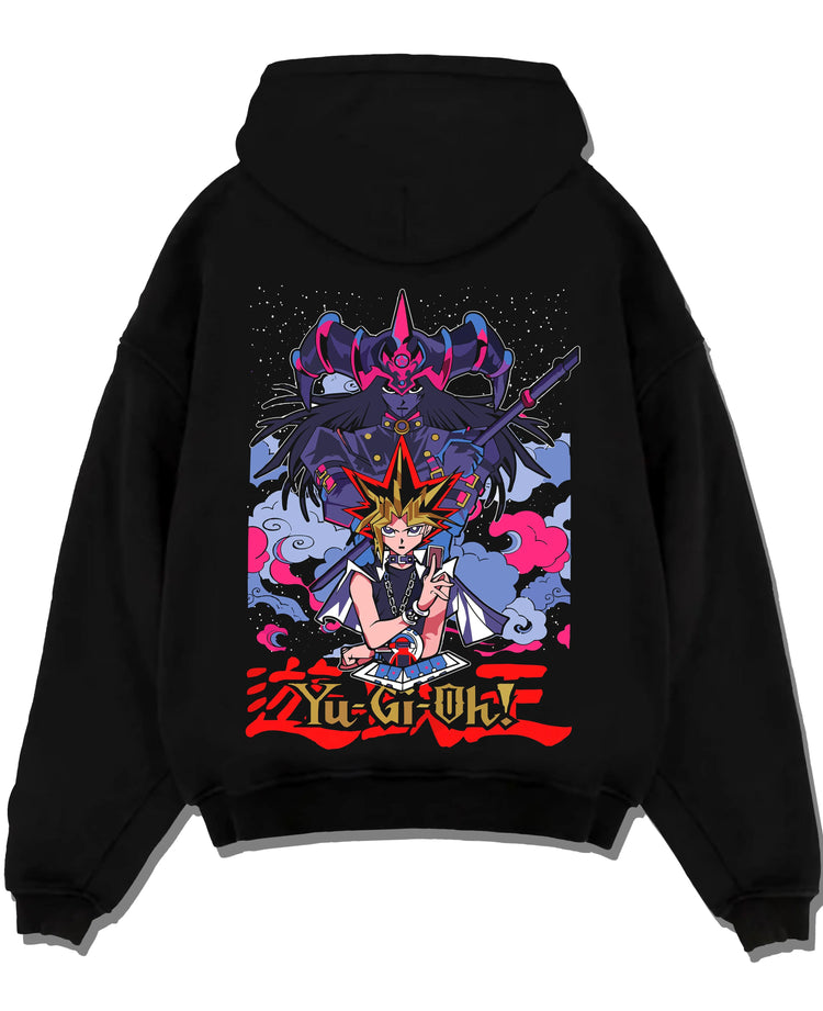 Black hoodie laid flat featuring Seto Kaiba Ultimate Dragon duel monster artwork.