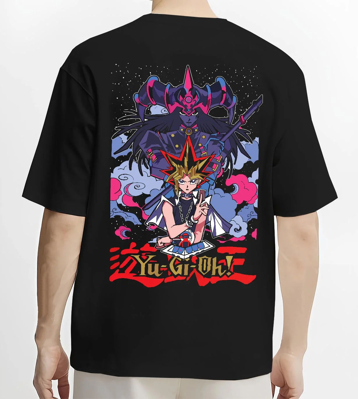 Black T-shirt worn by male model from the back featuring Seto Kaiba Ultimate Dragon duel monster artwork.