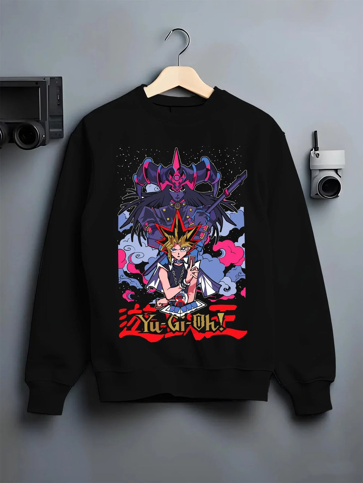 Black crewneck sweatshirt on hanger featuring Seto Kaiba Ultimate Dragon duel monster artwork.