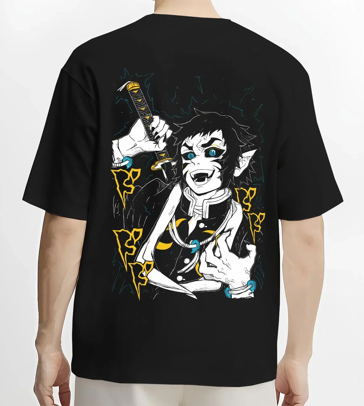 Black T-shirt worn by male model, back view with Kaigaku Hoodie Demon Slayer Upper Moon Swordsman graphic streetwear graphic.