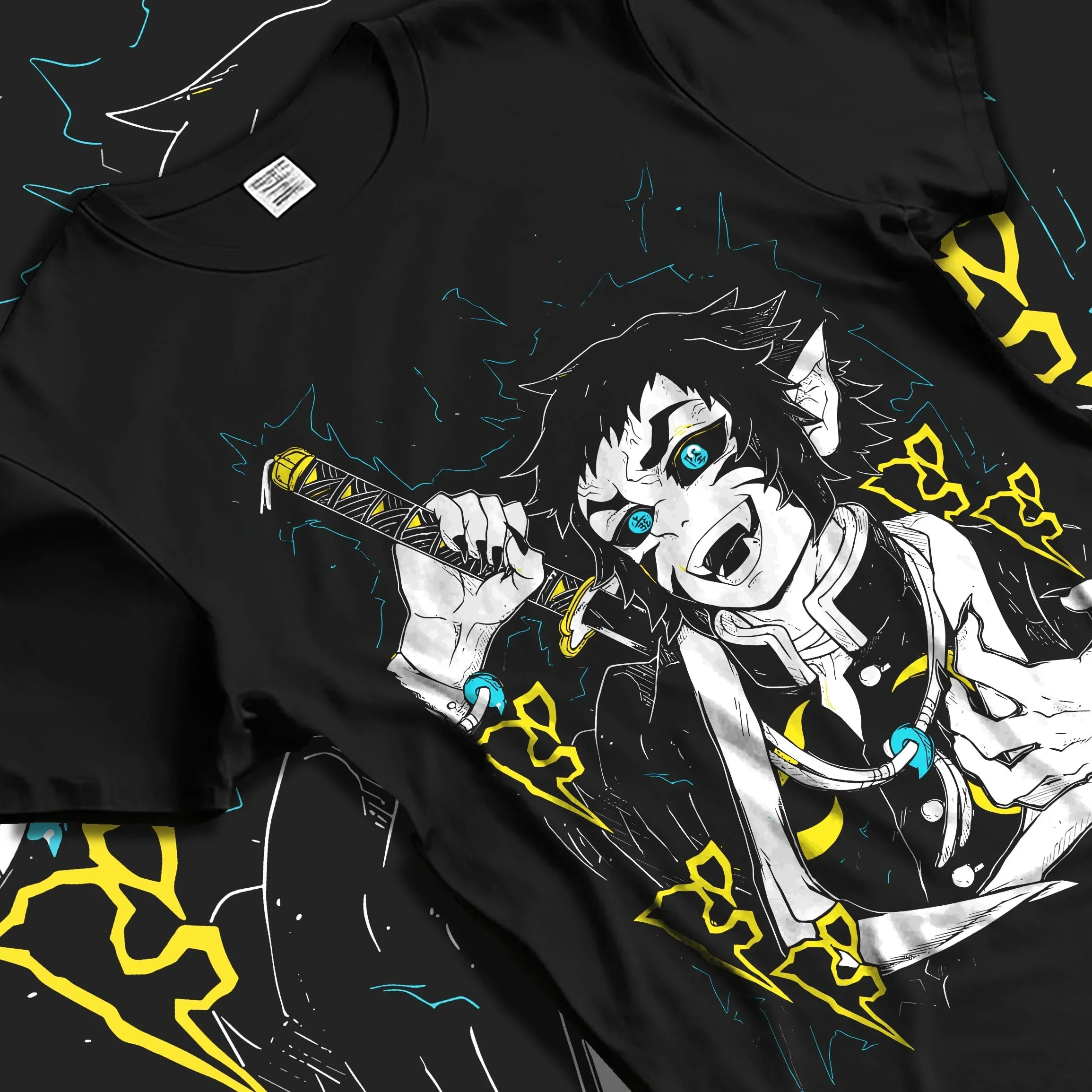 Black T-shirt laid flat with natural folds with Kaigaku Hoodie Demon Slayer Upper Moon Swordsman graphic streetwear graphic.