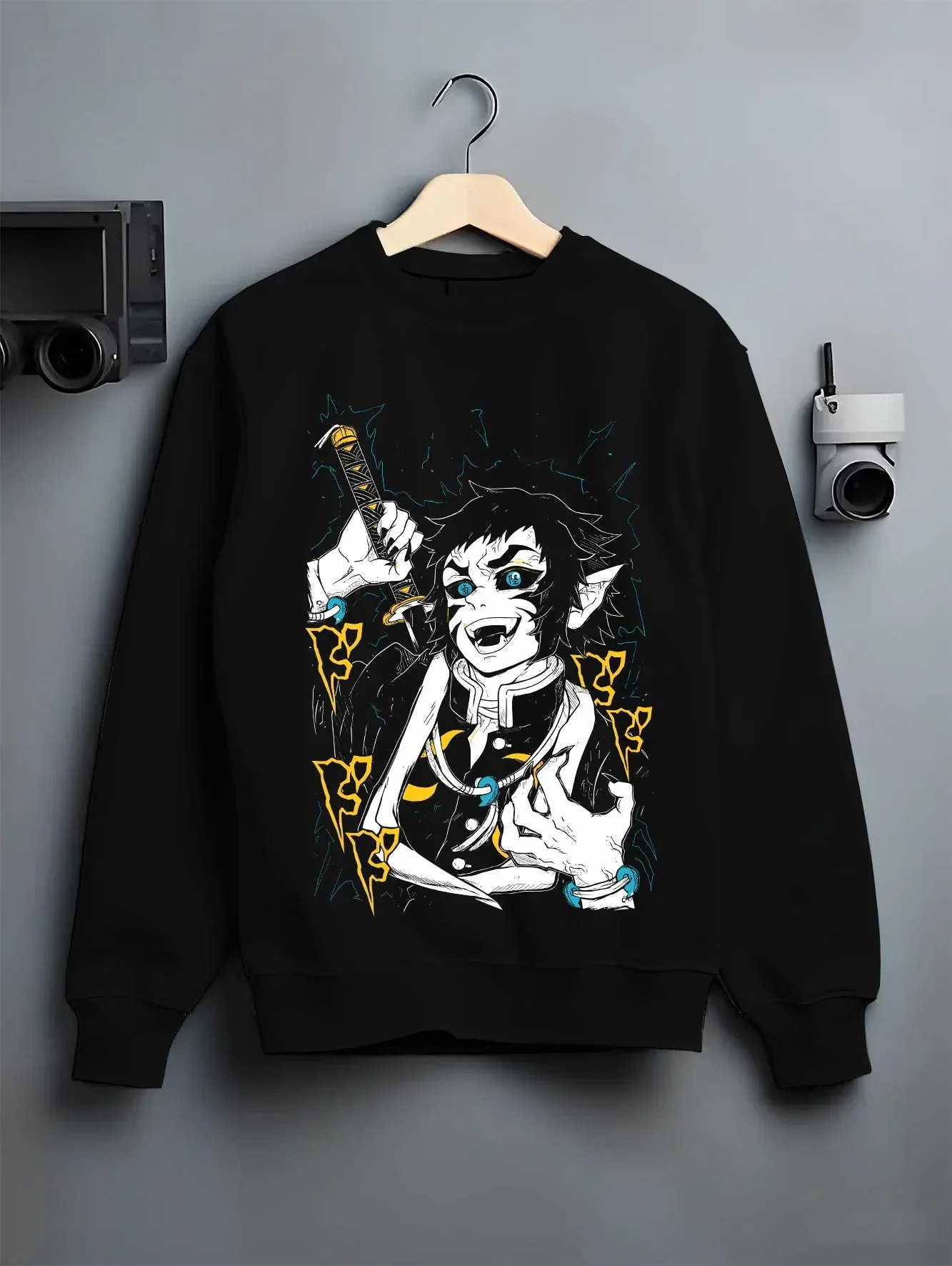 Black crewneck sweatshirt on hanger with Kaigaku Hoodie Demon Slayer Upper Moon Swordsman graphic bold anime graphic.