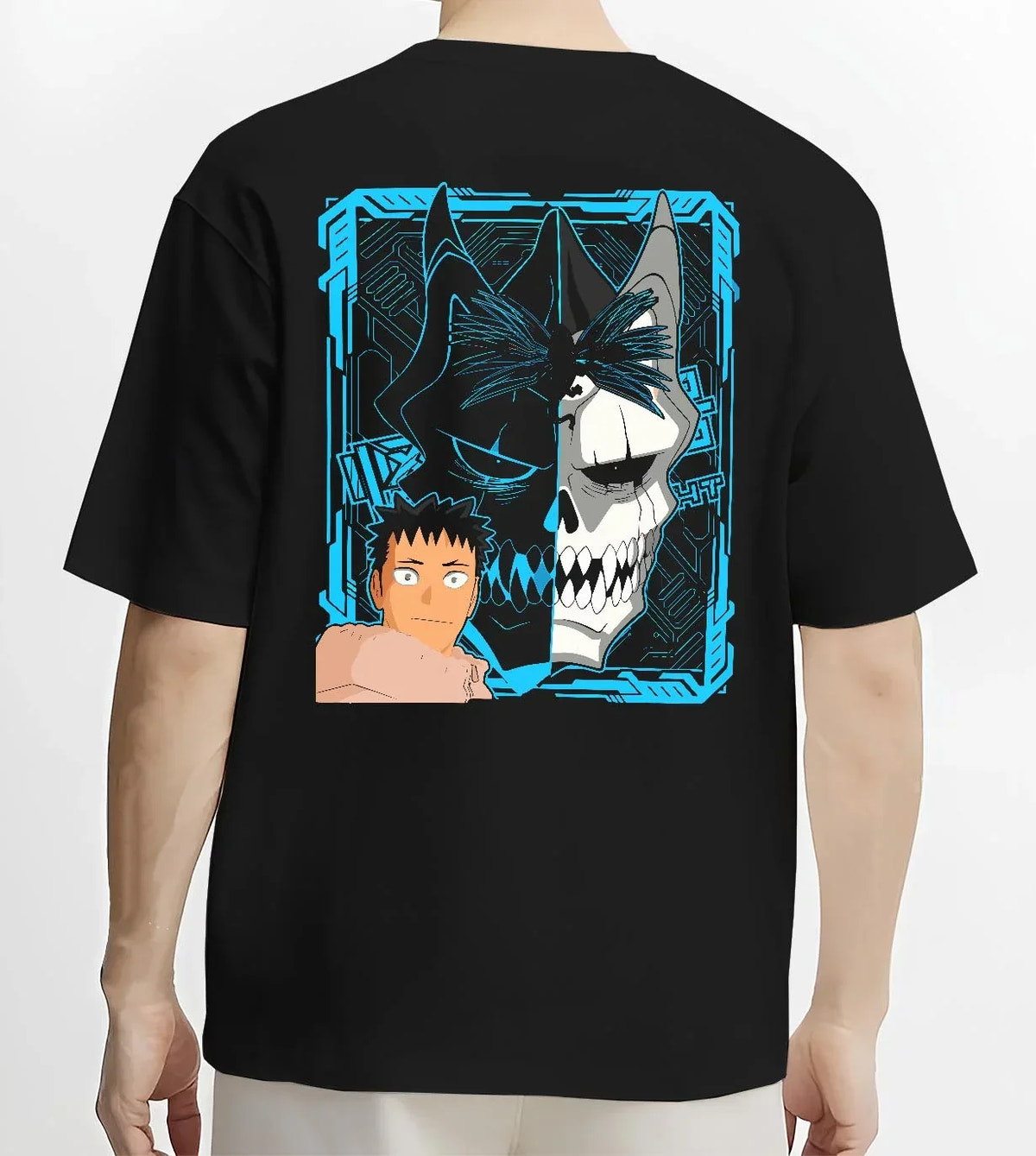 Black T-shirt worn by male model, back view with Kaiju Hoodie Kaiju No 8 Monster Transformation Panel graphic streetwear graphic.