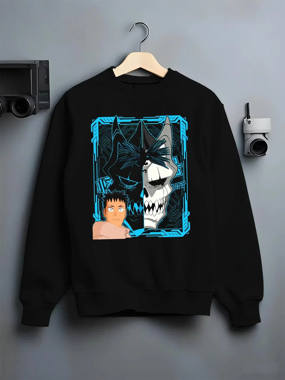 Black crewneck sweatshirt on hanger with Kaiju Hoodie Kaiju No 8 Monster Transformation Panel graphic premium wear.