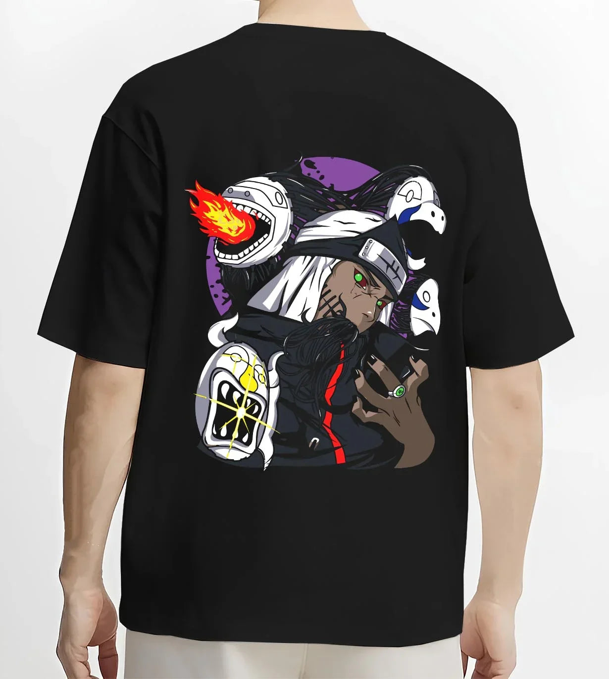 Black T-shirt worn by male model, back view with Kakuzu Hoodie Naruto Akatsuki Immortal Shinobi graphic Kakuzu anime design.