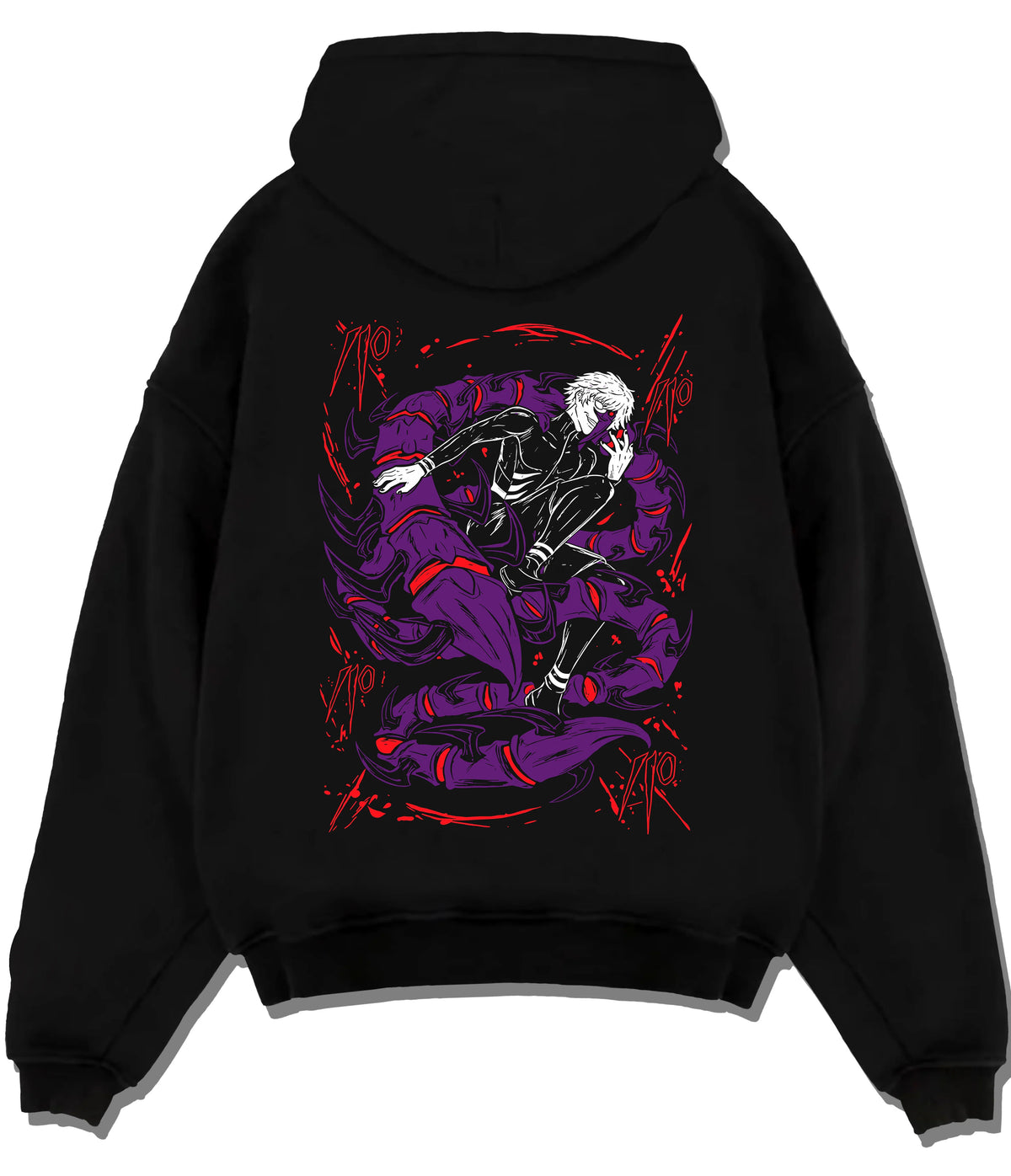 Black hoodie flat back view showing Ken Kaneki from Tokyo Ghoul: black and purple masked ghoul illustration