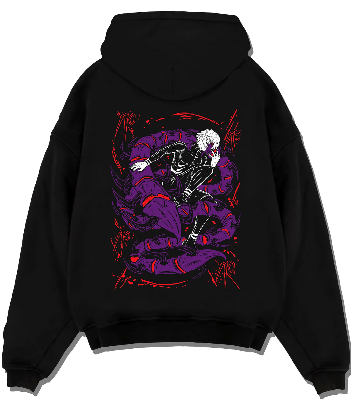 Black hoodie flat back view showing Ken Kaneki from Tokyo Ghoul: black and purple masked ghoul illustration