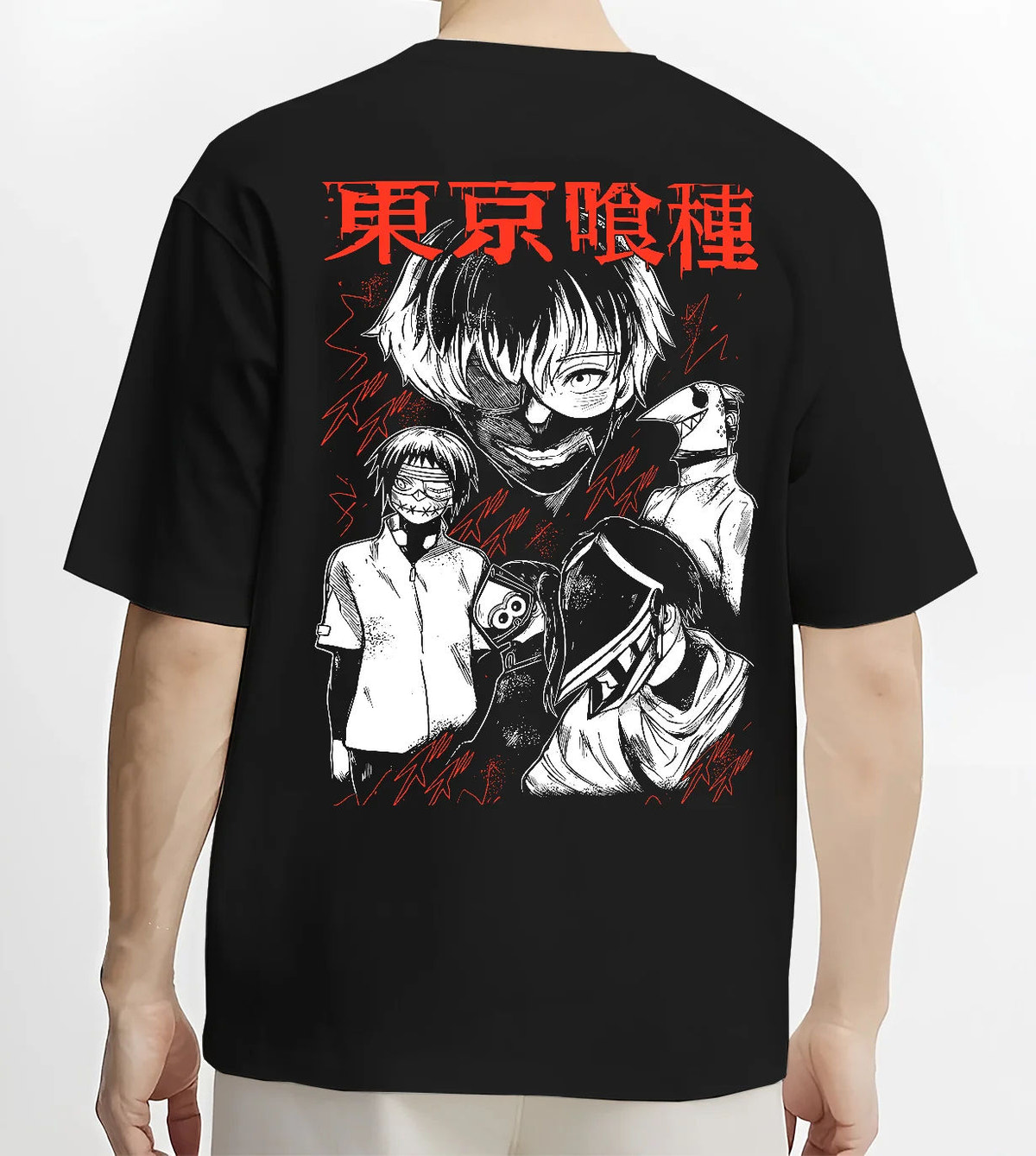 Black T-shirt model back view showing Ken Kaneki from Tokyo Ghoul: ghoul fight dual-character poster
