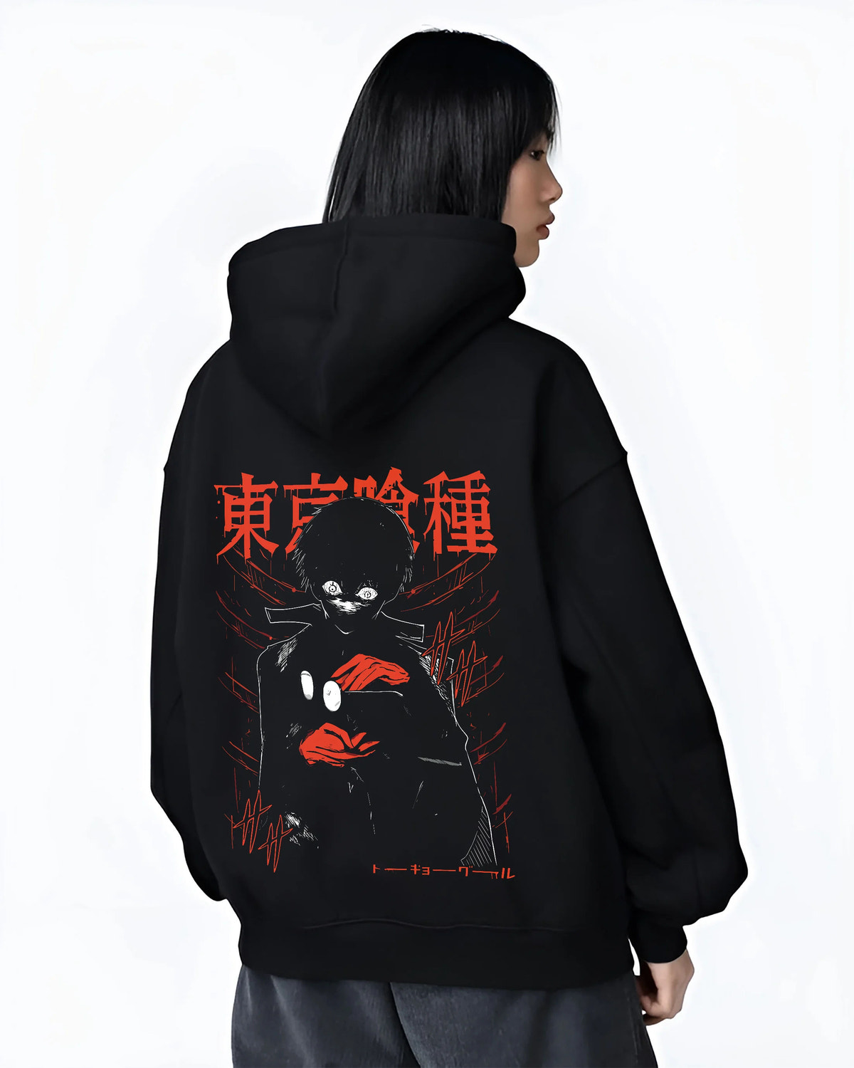 Black hoodie female model back view showing Ken Kaneki from Tokyo Ghoul: black hood and red Tokyo Ghoul poster