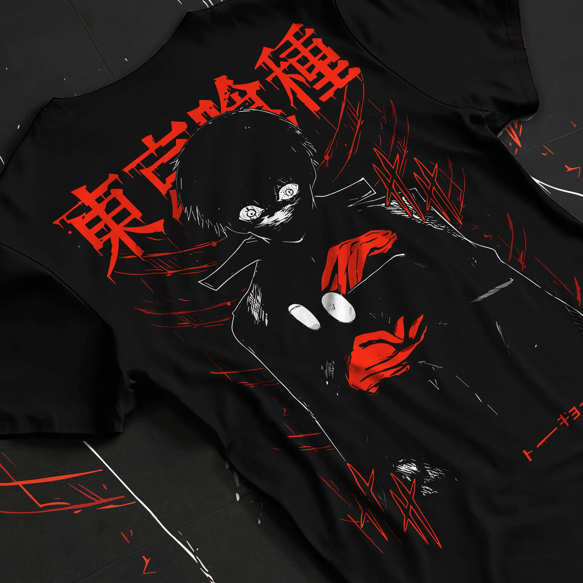 Black T-shirt flat back view showing Ken Kaneki from Tokyo Ghoul: black hood and red Tokyo Ghoul poster