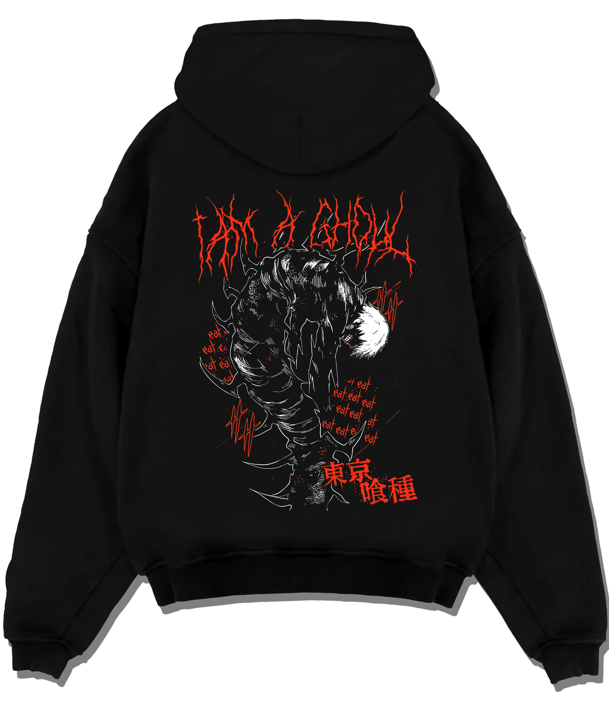 Black hoodie flat back view showing Kaneki from Tokyo Ghoul: one-eyed ghoul black body and red art
