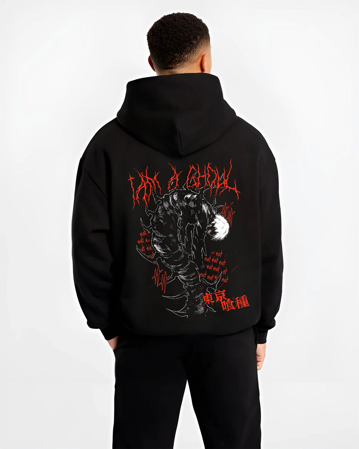 Black hoodie model back view showing Kaneki from Tokyo Ghoul: one-eyed ghoul black body and red art