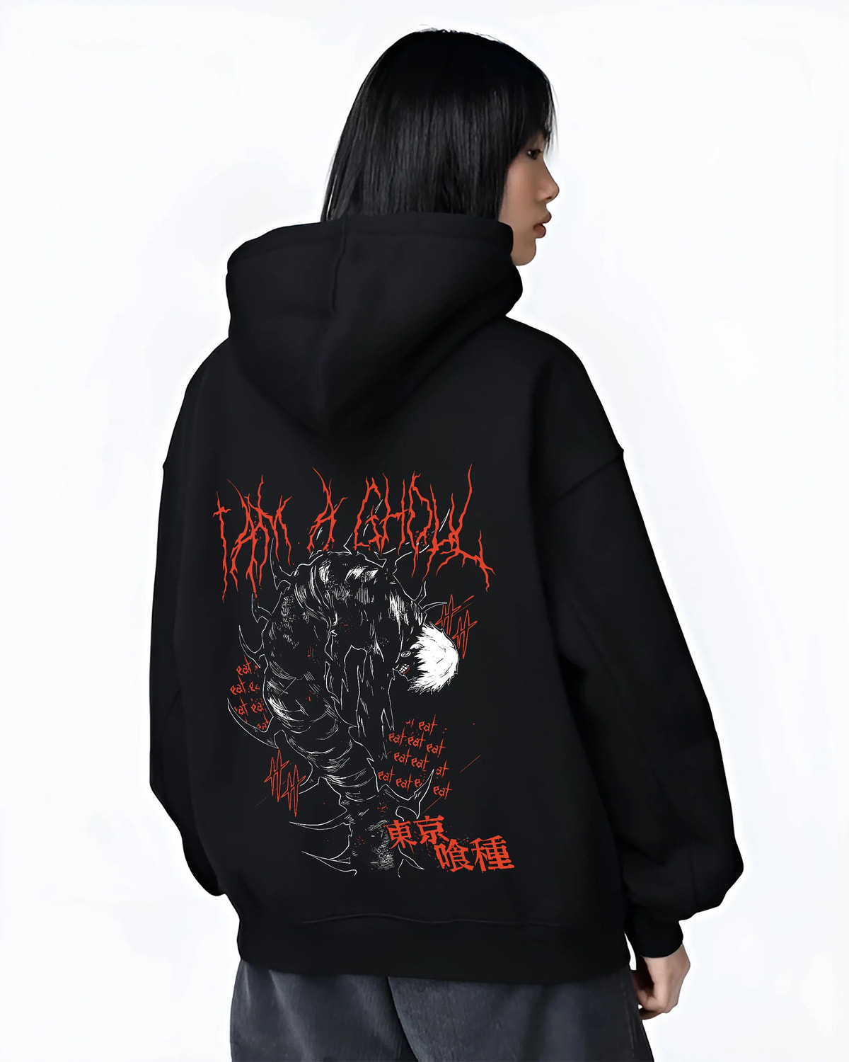 Black hoodie female model back view showing Kaneki from Tokyo Ghoul: one-eyed ghoul black body and red art
