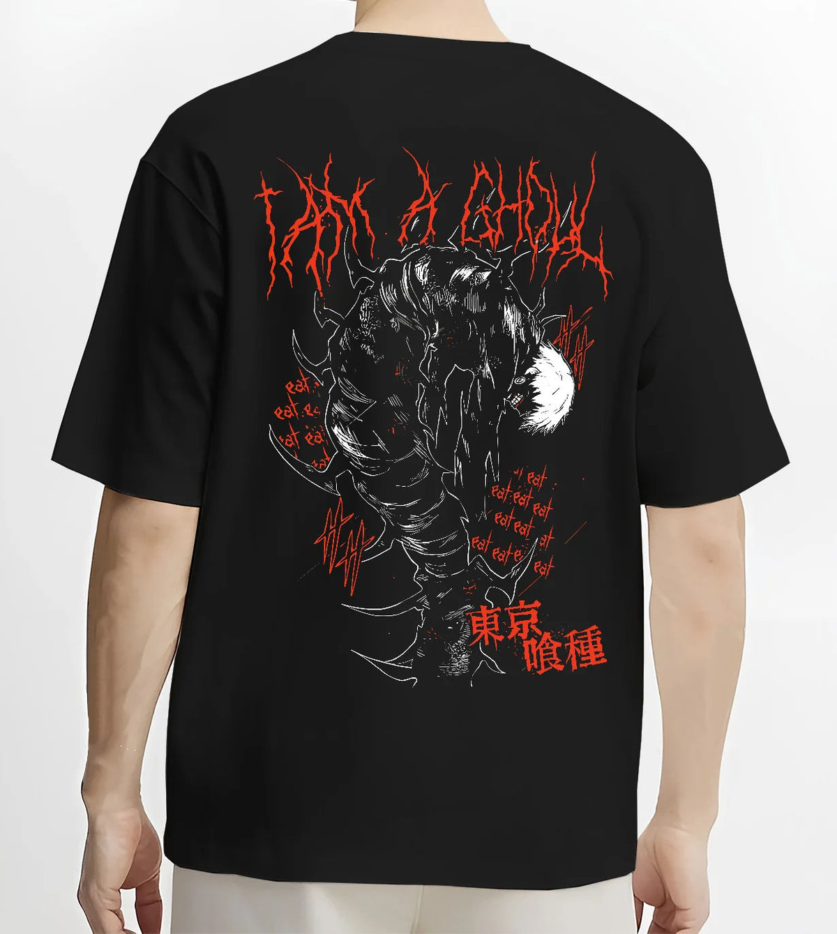 Black T-shirt model back view showing Kaneki from Tokyo Ghoul: one-eyed ghoul black body and red art