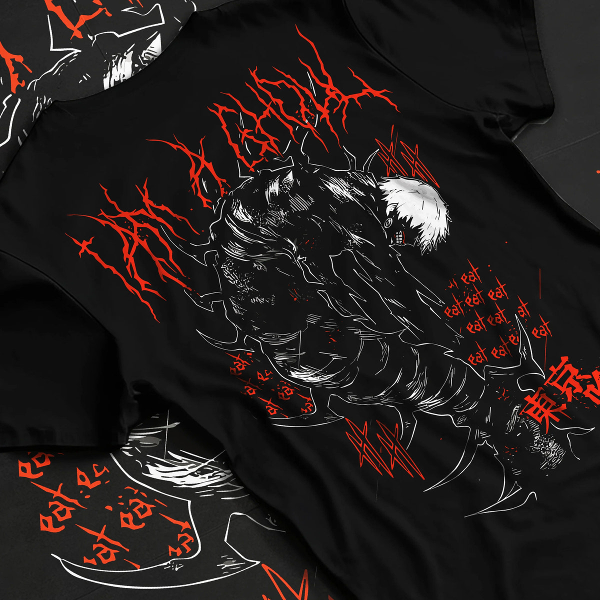 Black T-shirt flat back view showing Kaneki from Tokyo Ghoul: one-eyed ghoul black body and red art