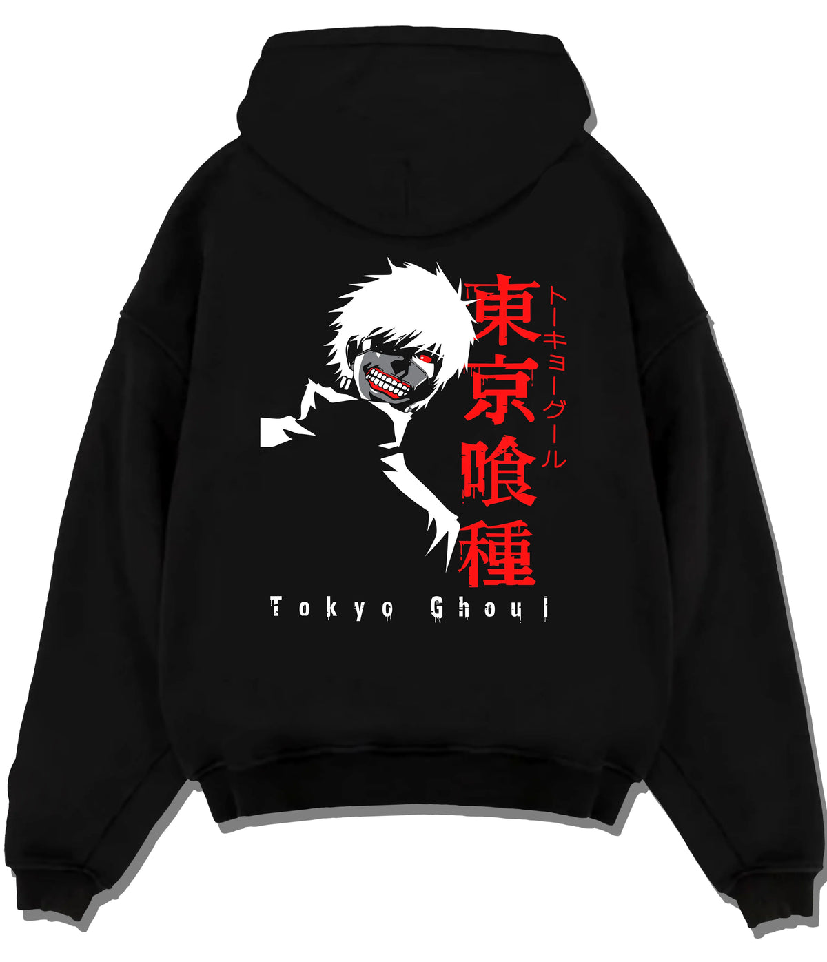 Black hoodie flat back view showing Ken Kaneki from Tokyo Ghoul: white hair portrait and Tokyo Ghoul type