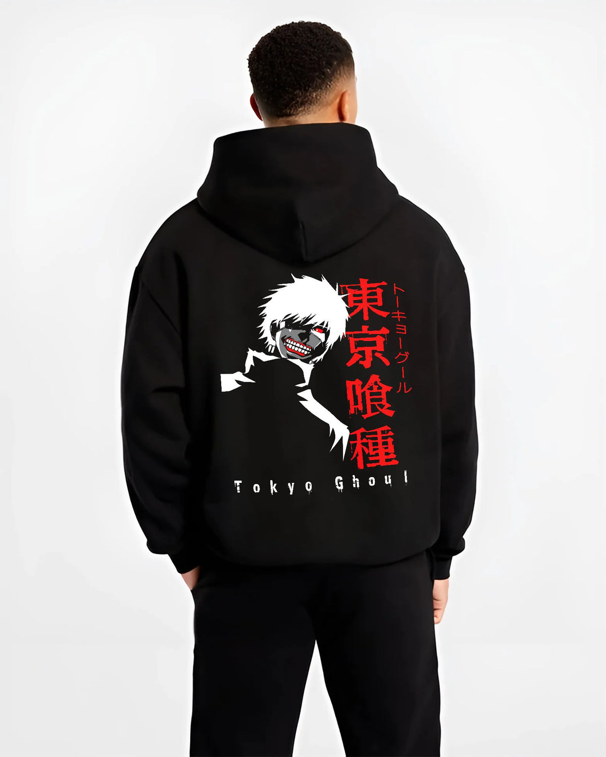 Black hoodie model back view showing Ken Kaneki from Tokyo Ghoul: white hair portrait and Tokyo Ghoul type