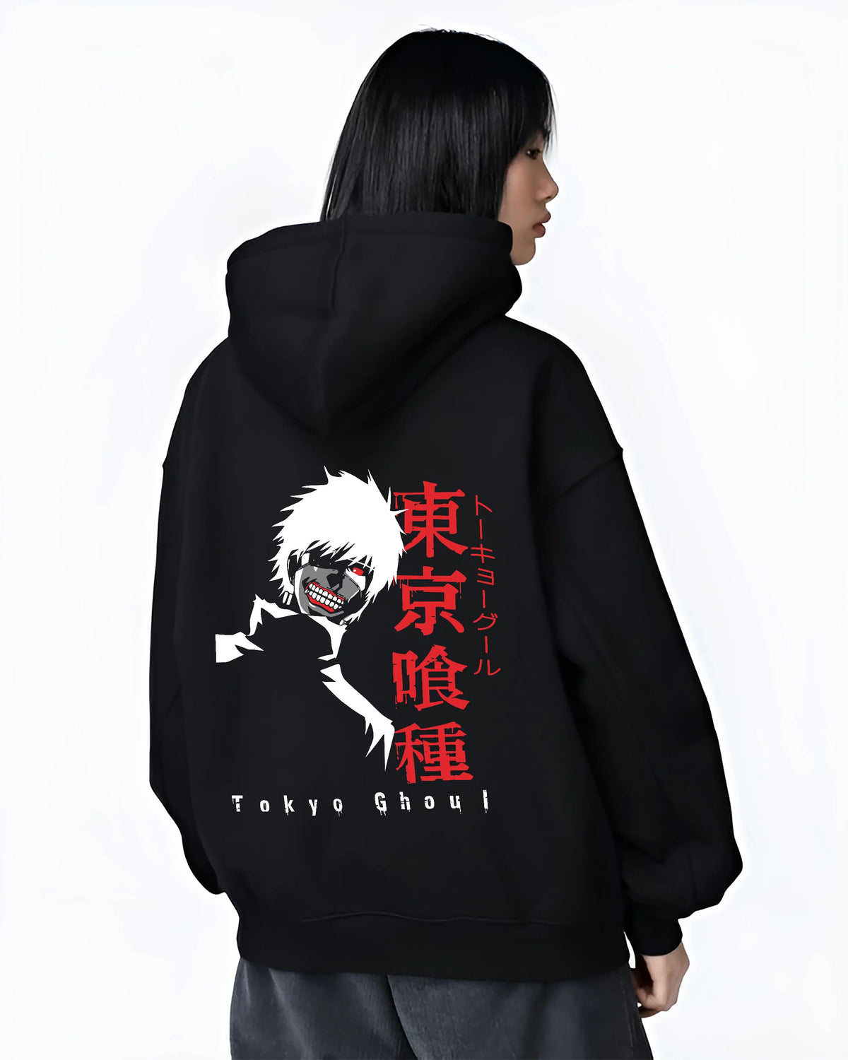 Black hoodie female model back view showing Ken Kaneki from Tokyo Ghoul: white hair portrait and Tokyo Ghoul type