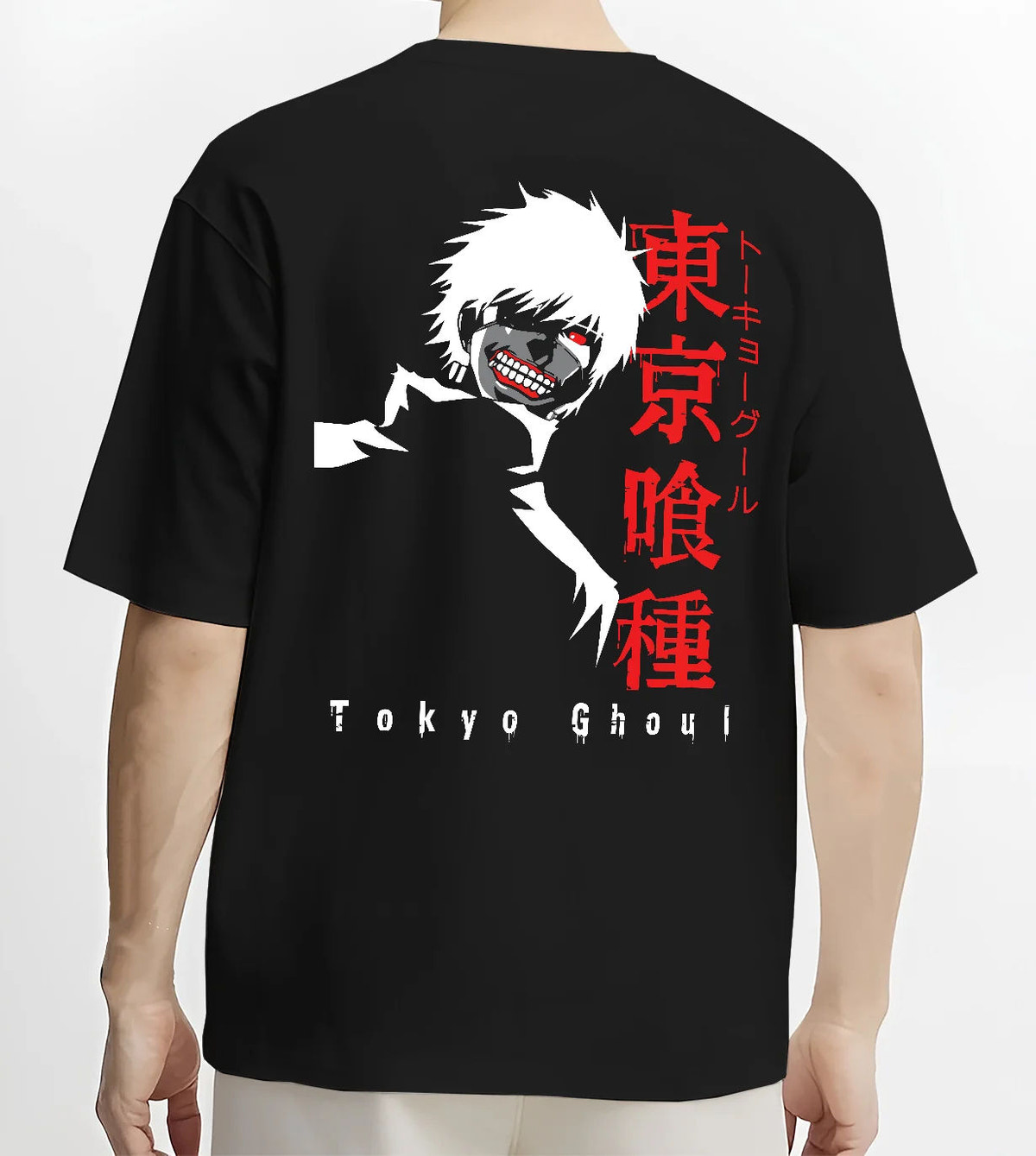 Black T-shirt model back view showing Ken Kaneki from Tokyo Ghoul: white hair portrait and Tokyo Ghoul type