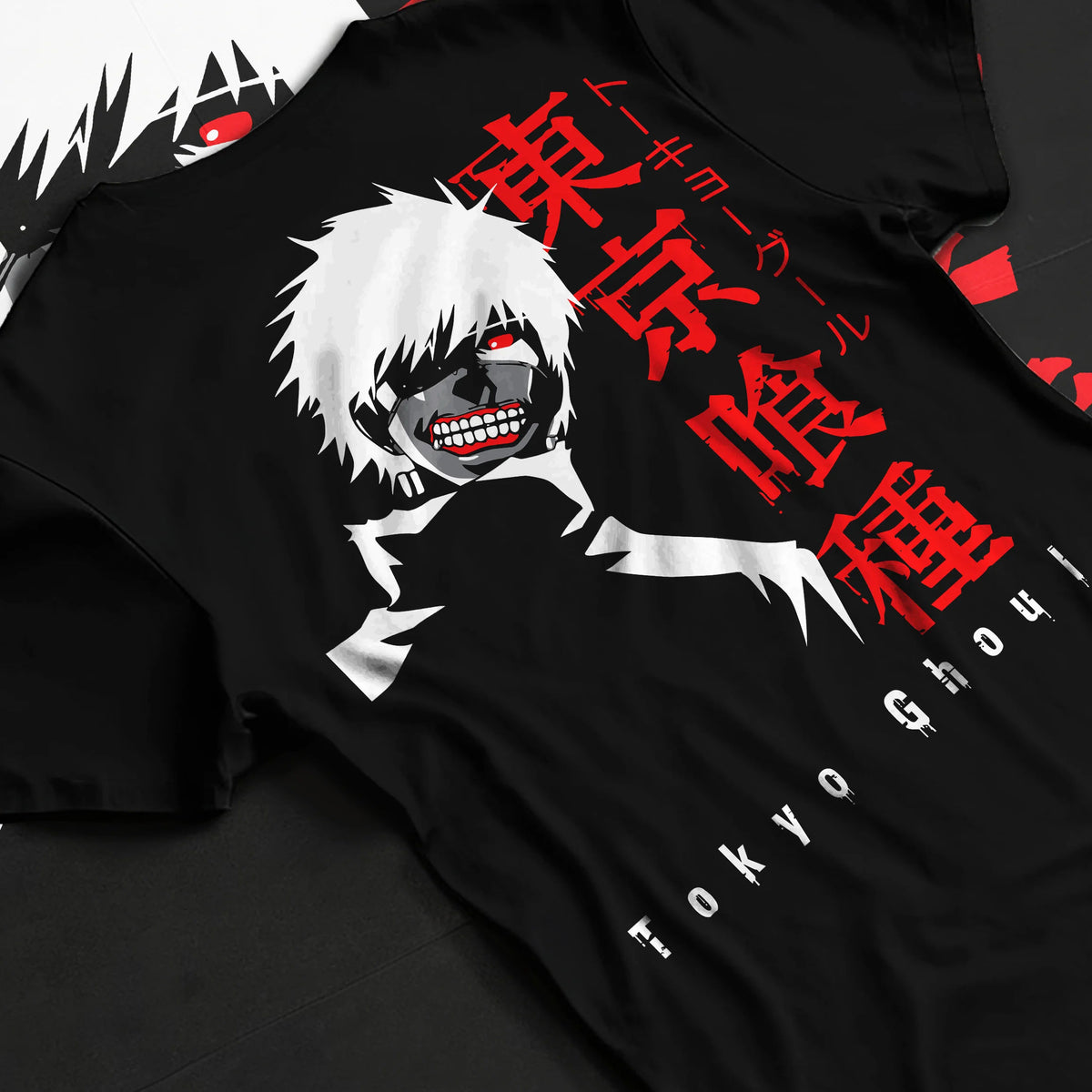 Black T-shirt flat back view showing Ken Kaneki from Tokyo Ghoul: white hair portrait and Tokyo Ghoul type