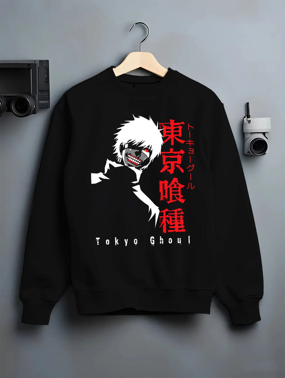 Black crewneck sweatshirt on hanger showing Ken Kaneki from Tokyo Ghoul: white hair portrait and Tokyo Ghoul type