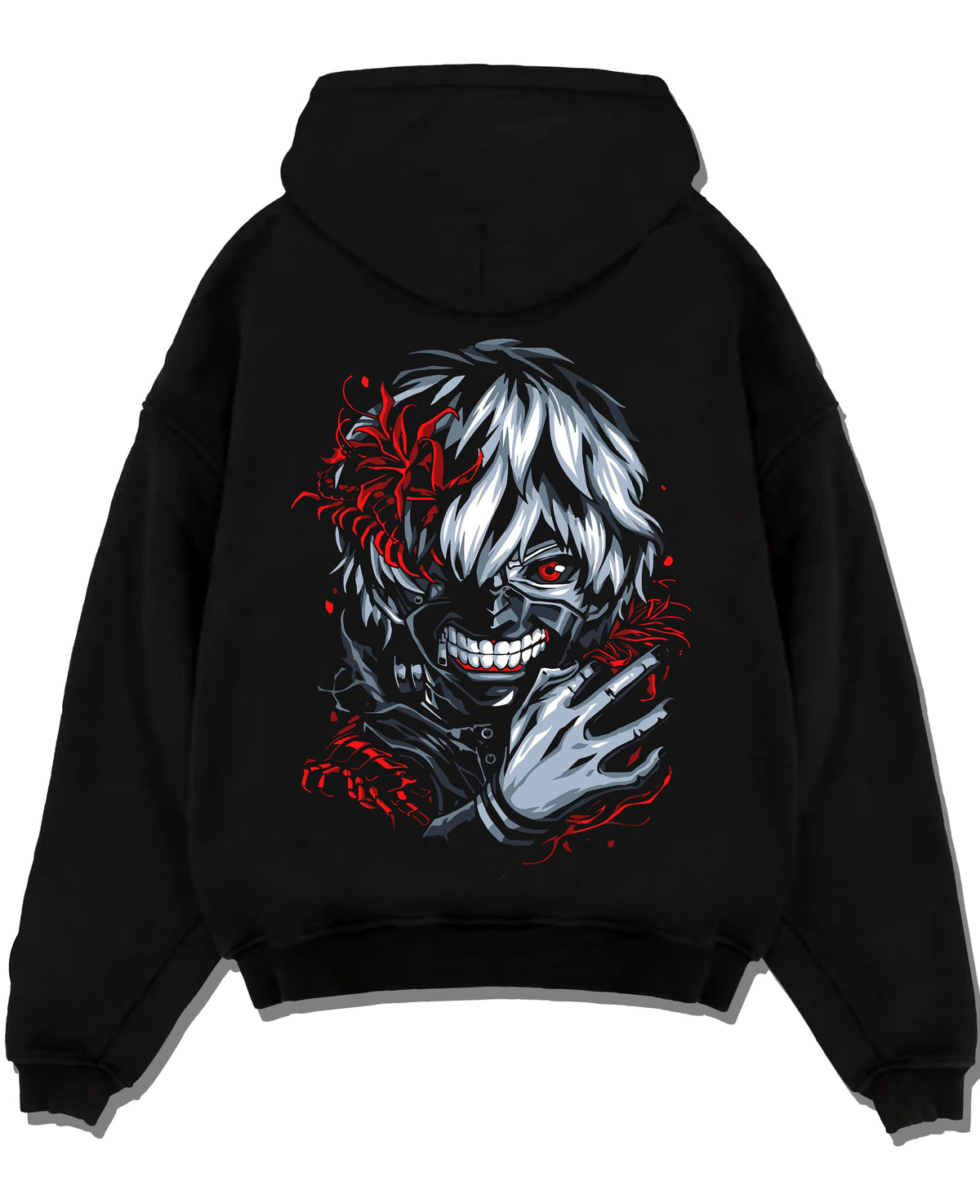 Black hoodie laid flat featuring Ken Kaneki kagune awakening artwork.