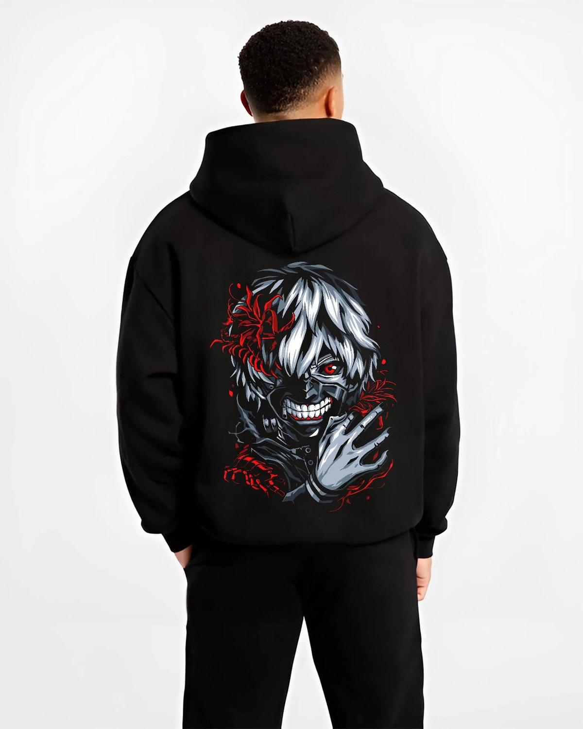 Black hoodie worn by male model from the back featuring Ken Kaneki kagune awakening artwork.