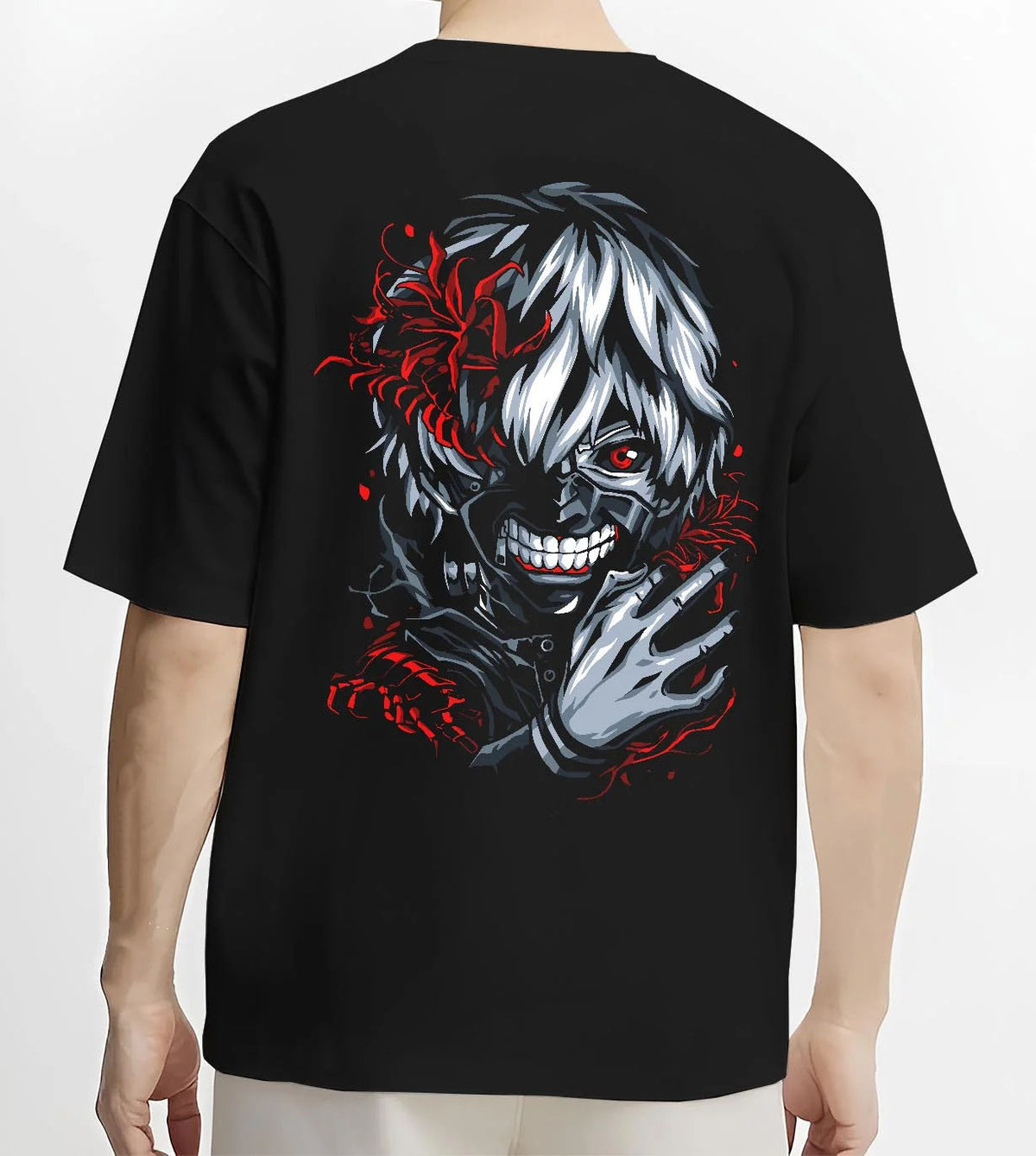 Black T-shirt worn by male model from the back featuring Ken Kaneki kagune awakening artwork.