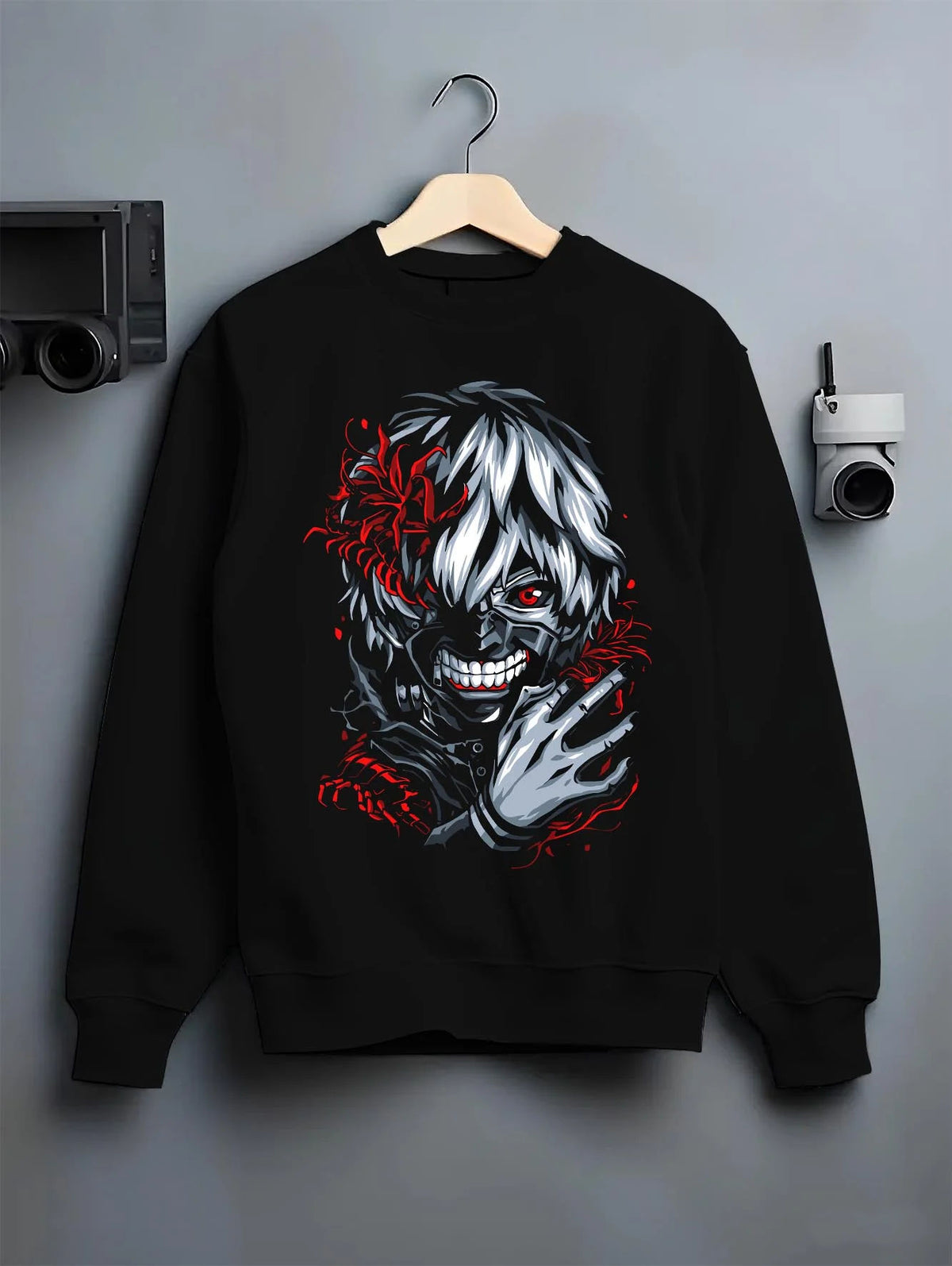 Black crewneck sweatshirt on hanger featuring Ken Kaneki kagune awakening artwork.
