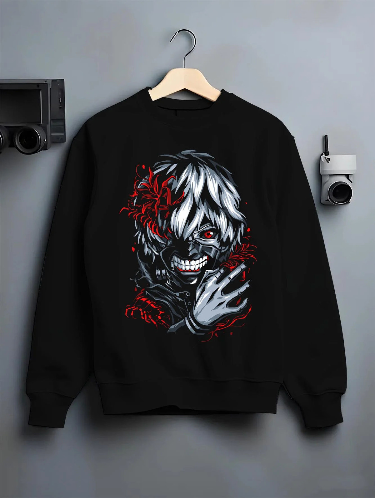 Black crewneck sweatshirt on hanger featuring Ken Kaneki kagune awakening artwork.