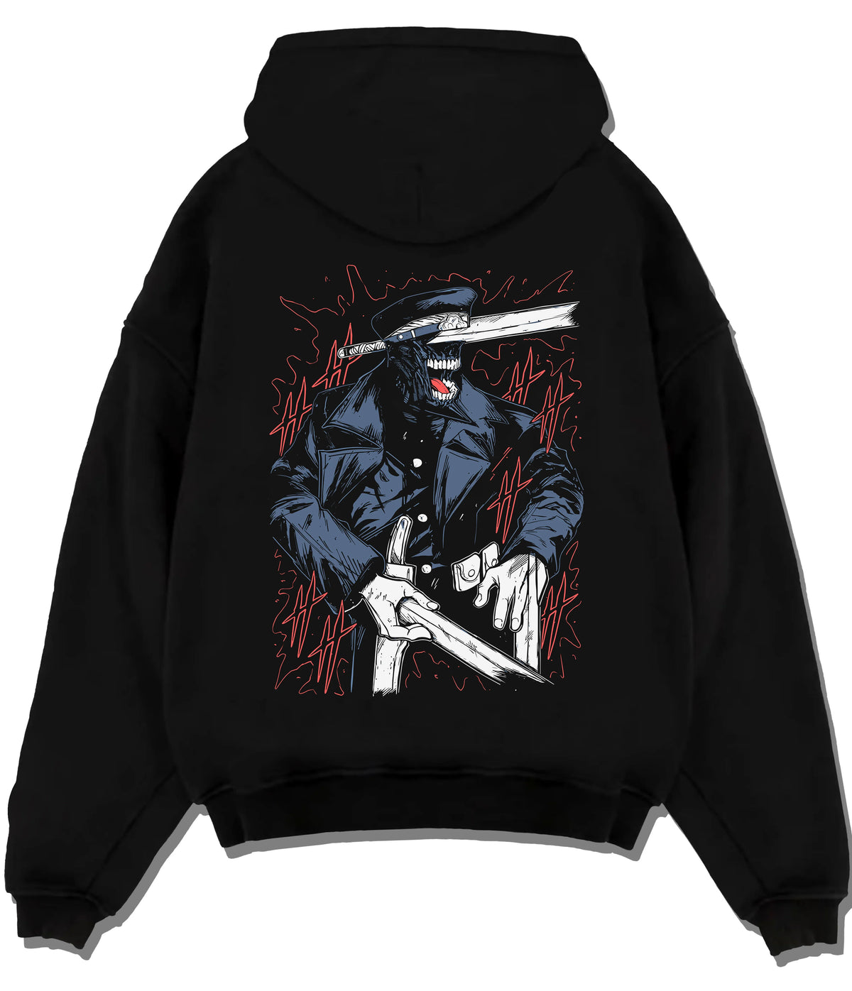 Black hoodie flat back view with Katana Man from Chainsaw Man illustrated back graphic