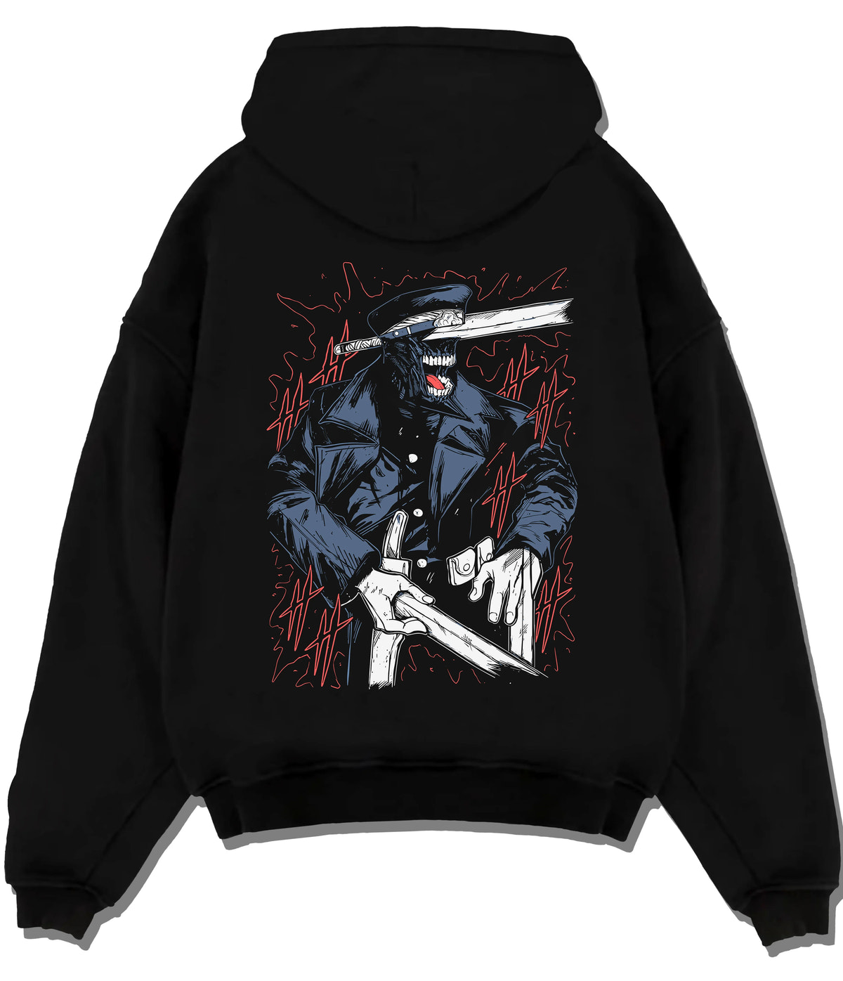Black hoodie flat back view with Katana Man from Chainsaw Man illustrated back graphic