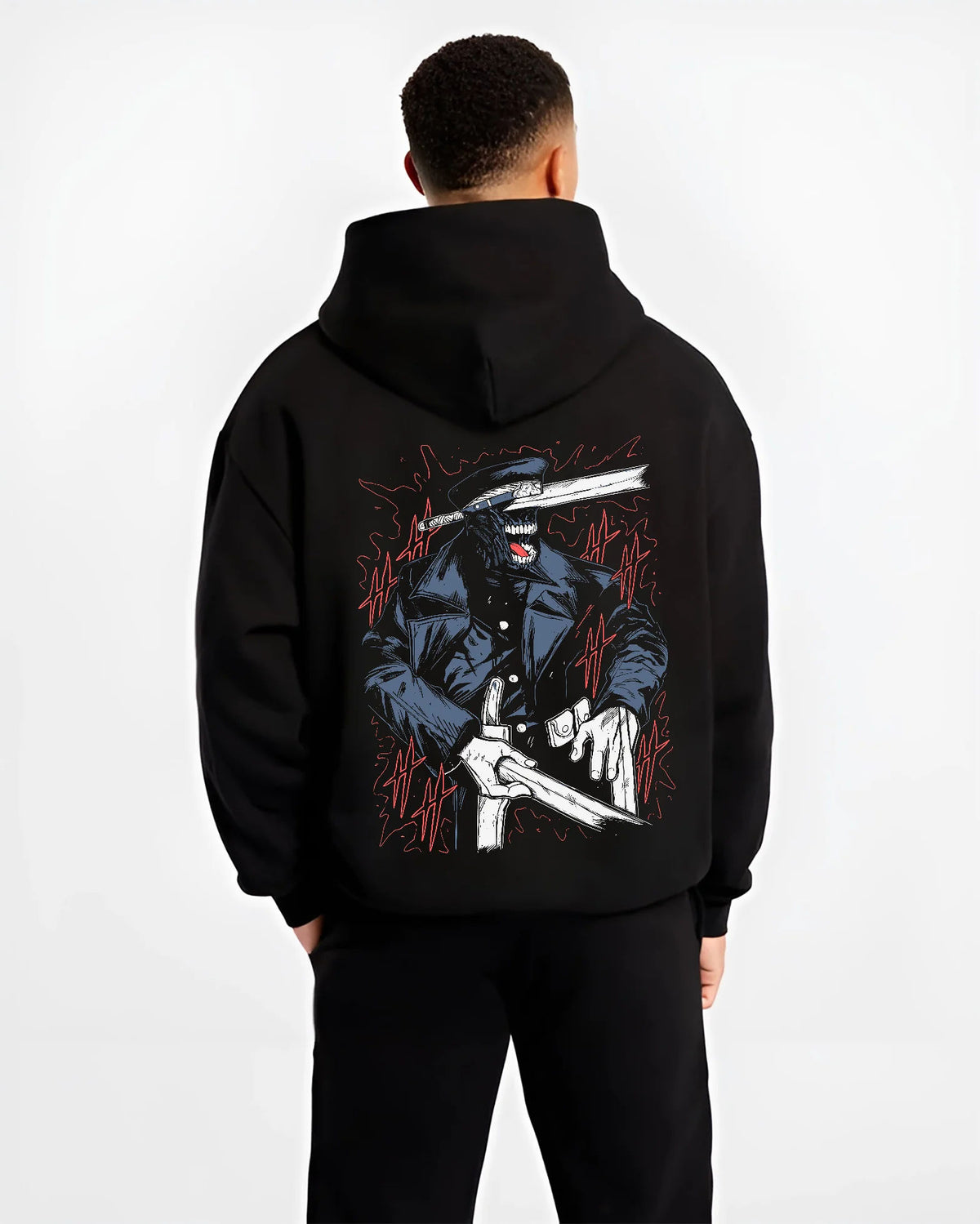 Black hoodie model back view with Katana Man from Chainsaw Man illustrated back graphic