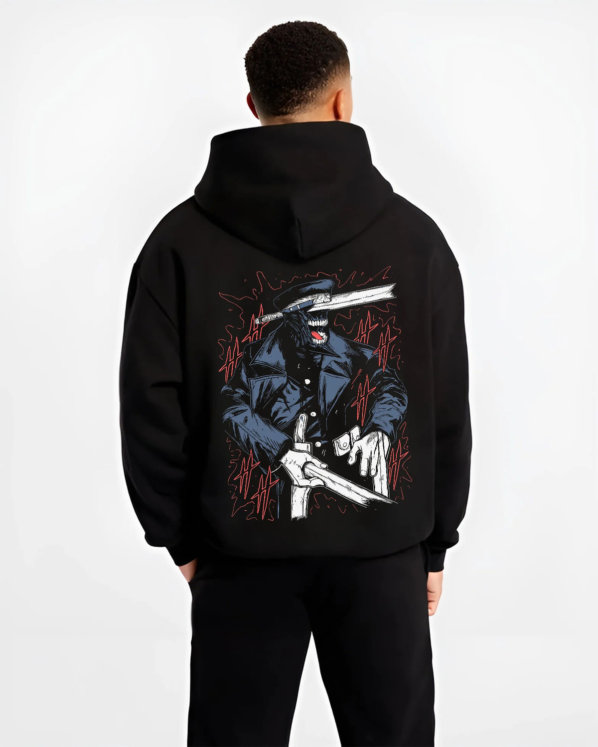 Black hoodie model back view with Katana Man from Chainsaw Man illustrated back graphic