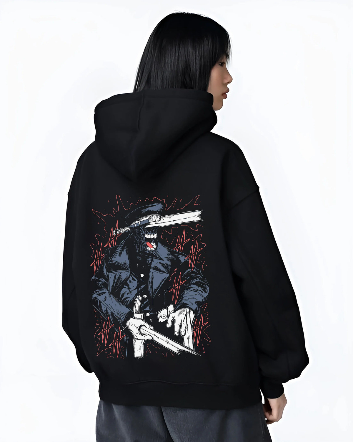 Black hoodie female model back view with Katana Man from Chainsaw Man illustrated back graphic