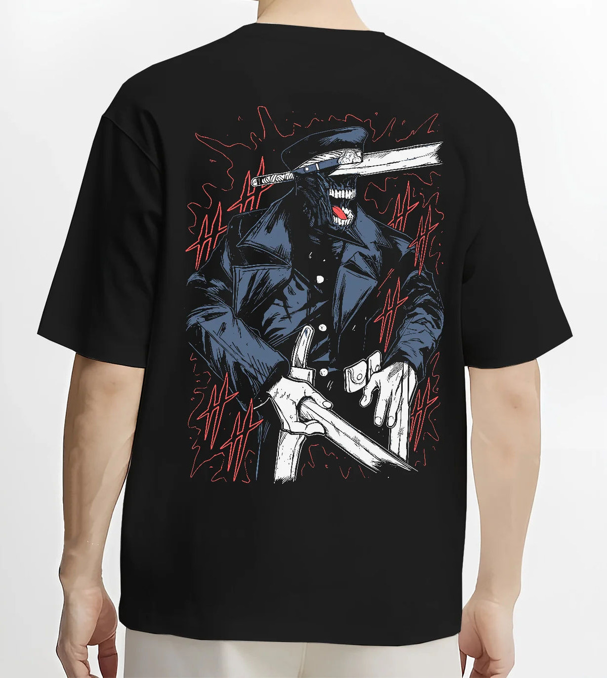 Black T-shirt model back view with Katana Man from Chainsaw Man illustrated back graphic