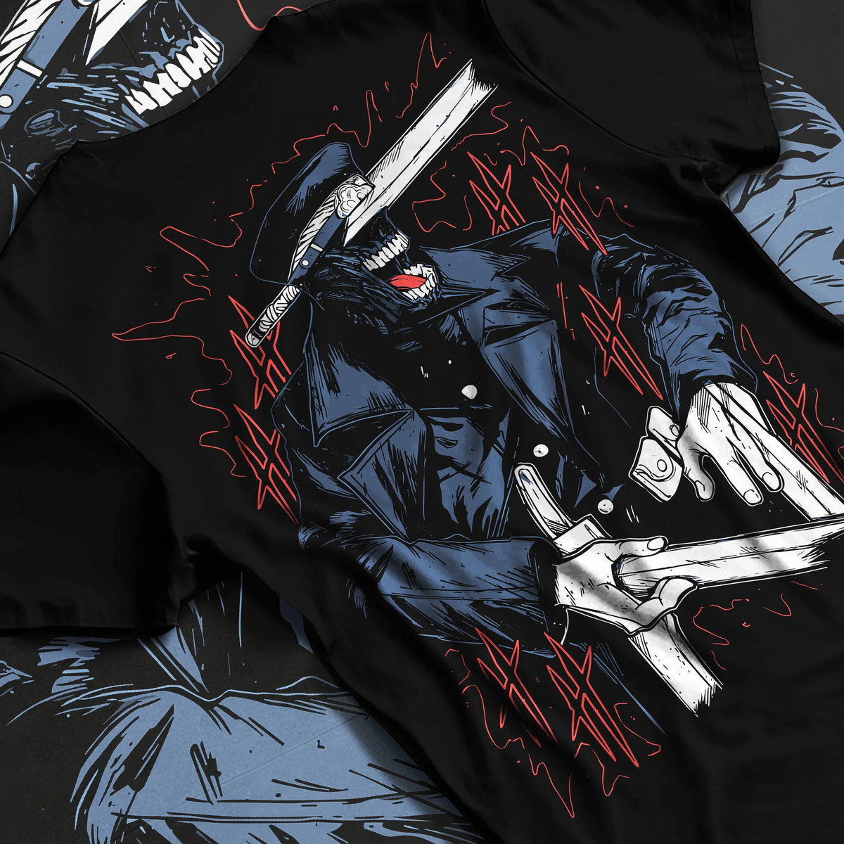 Black T-shirt flat back view with Katana Man from Chainsaw Man illustrated back graphic