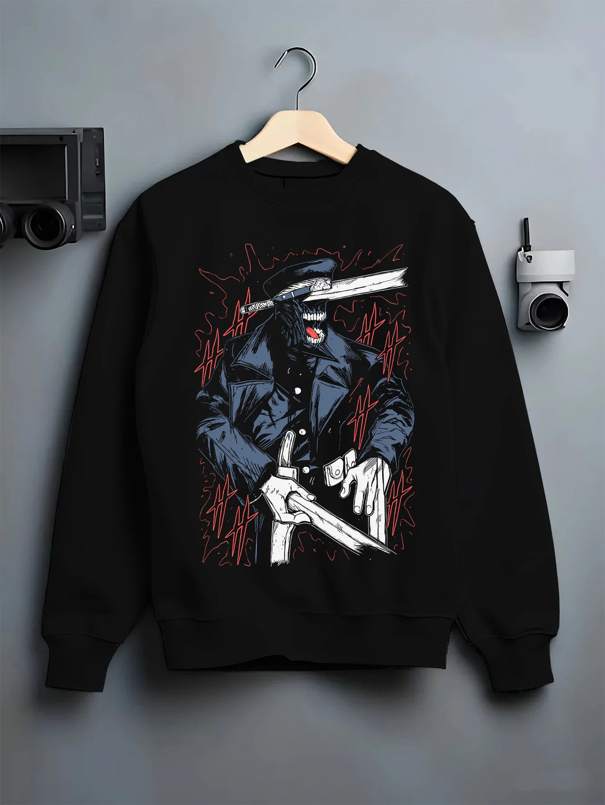 Black crewneck sweatshirt on hanger with Katana Man from Chainsaw Man illustrated back graphic
