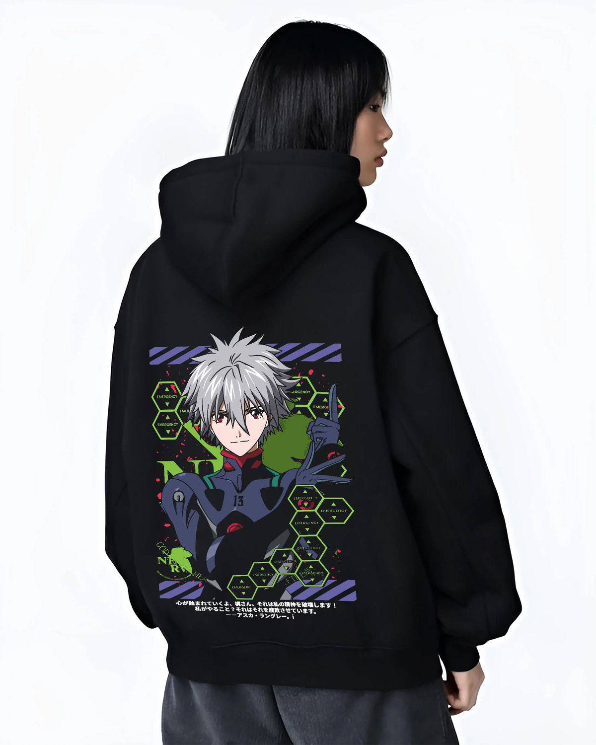 Black hoodie female model back view with Kaworu Nagisa wearing EVA plugsuit from Evangelion illustrated back graphic
