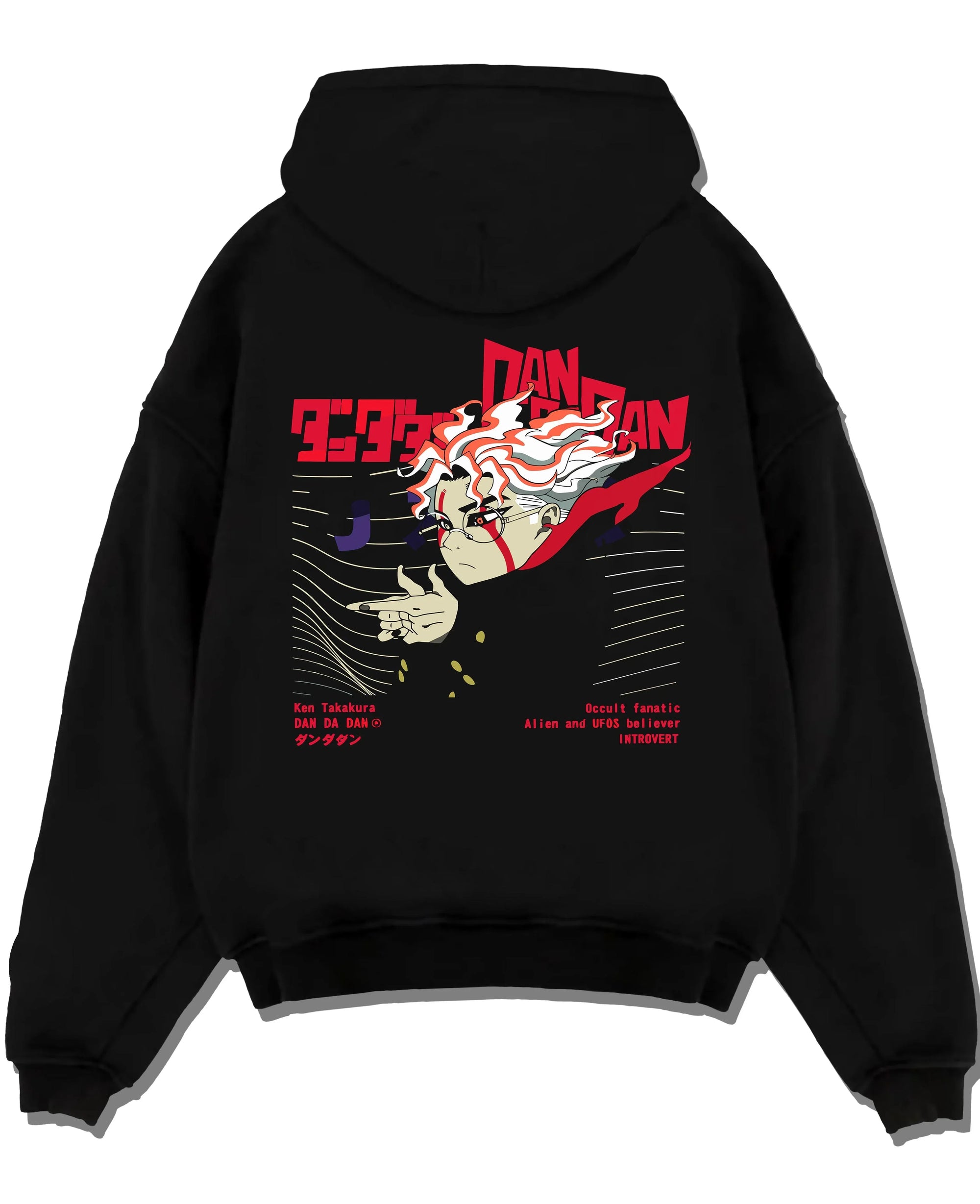 Black pullover hoodie laid flat with Ken Takakura Dandadan Hoodie Occult UFO Believer Retro graphic premium wear.