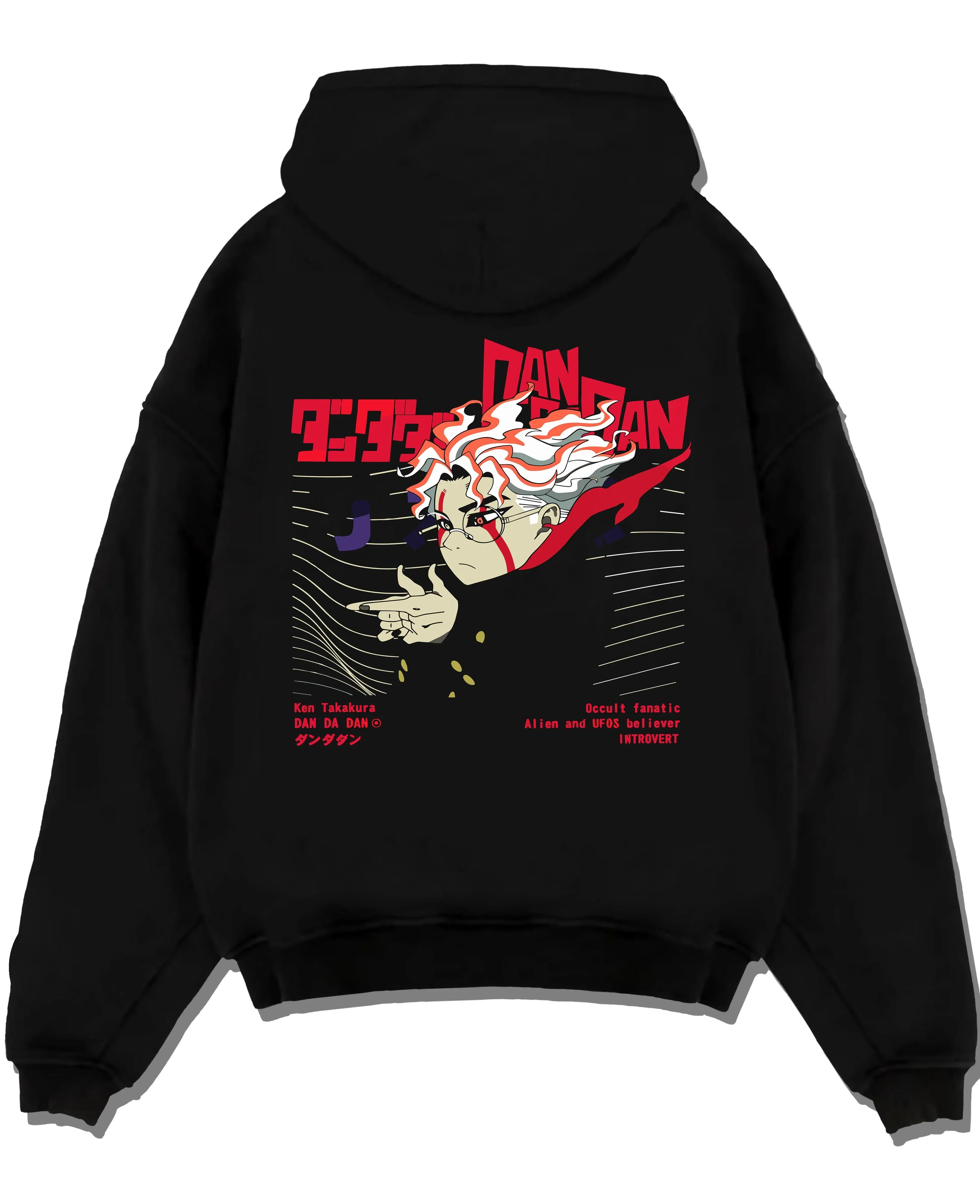 Black pullover hoodie laid flat with Ken Takakura Dandadan Hoodie Occult UFO Believer Retro graphic premium wear.