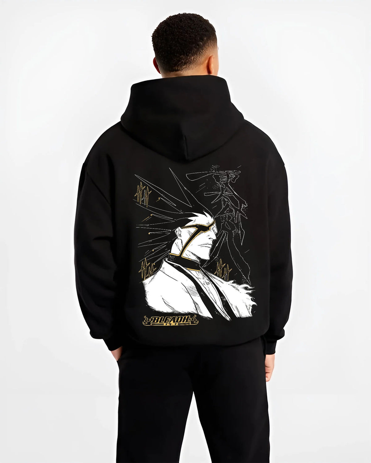 Black hoodie model back view showing Kenpachi Zaraki from Bleach: eye patch, Captain haori and spiked hair