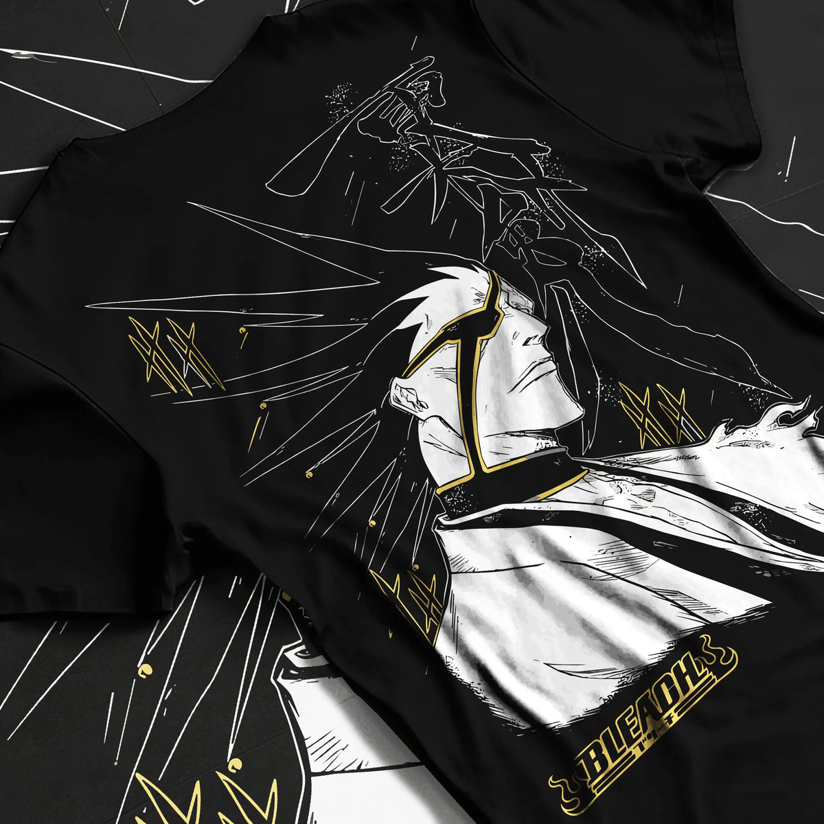 Black T-shirt flat back view showing Kenpachi Zaraki from Bleach: eye patch, Captain haori and spiked hair