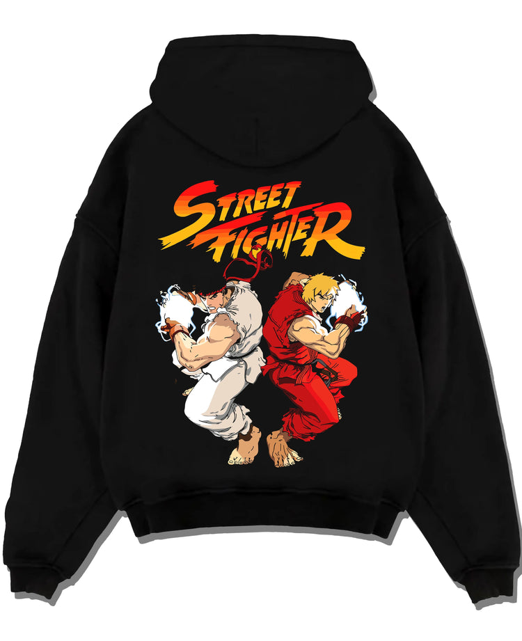 Black hoodie laid flat featuring Ken Masters and Ryu rival battle artwork.