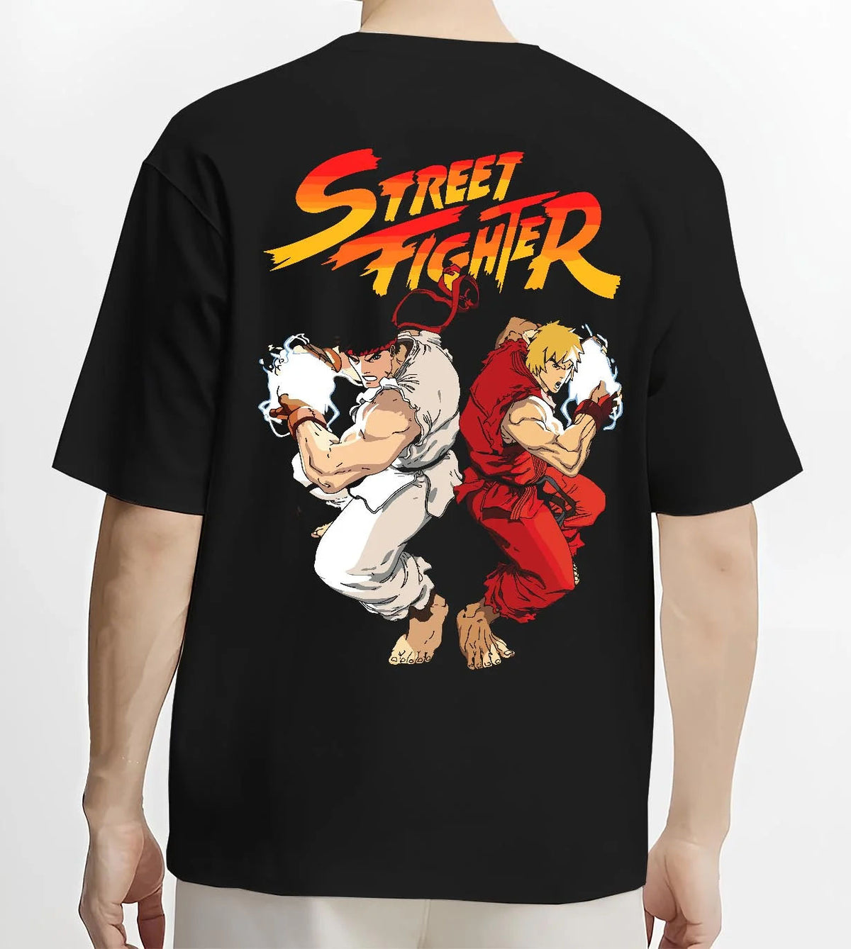Black T-shirt worn by male model from the back featuring Ken Masters and Ryu rival battle artwork.