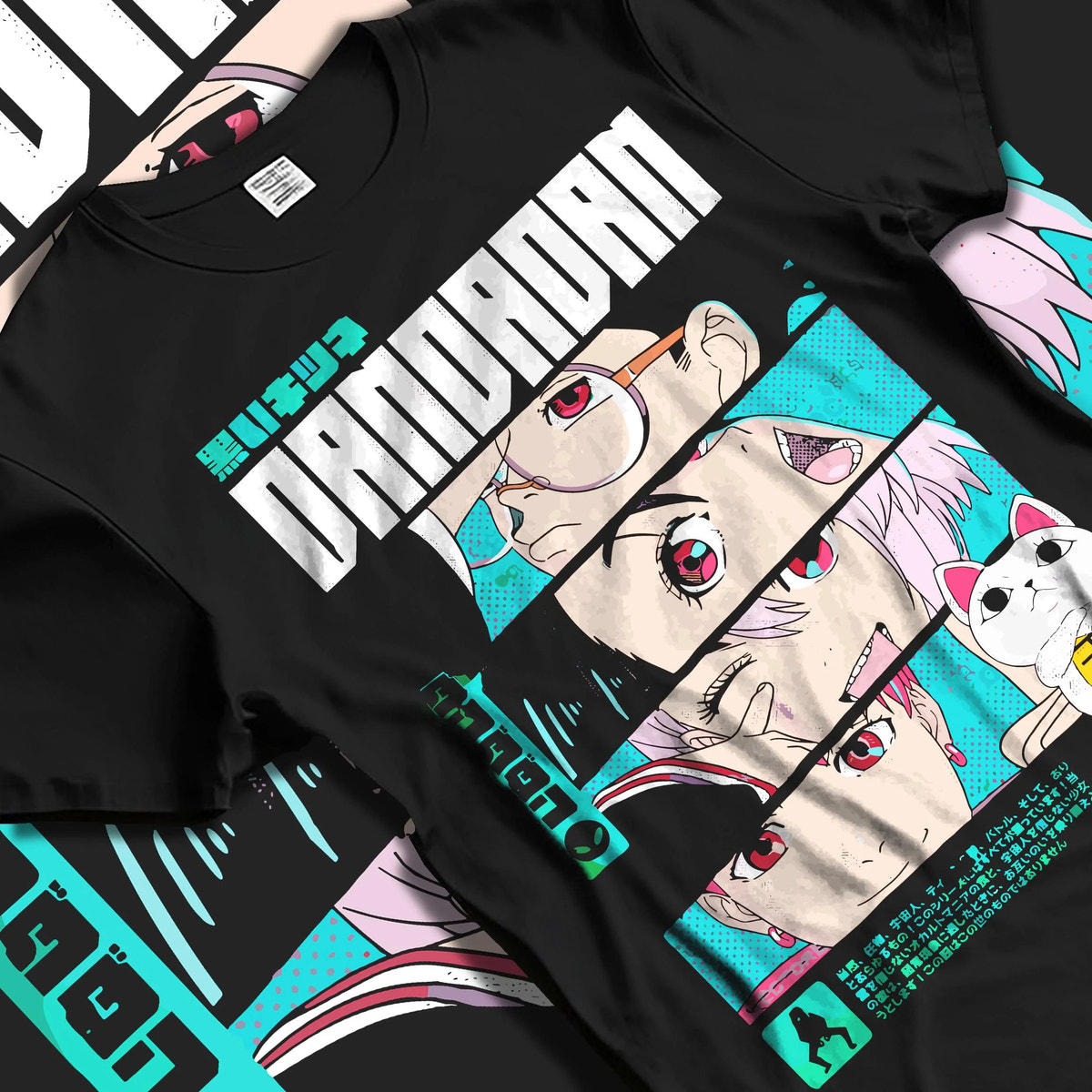 Black T-shirt flat back view showing Dandadan ensemble: Okarun, Momo, Aira, Jiji and Turbo Granny (cat)