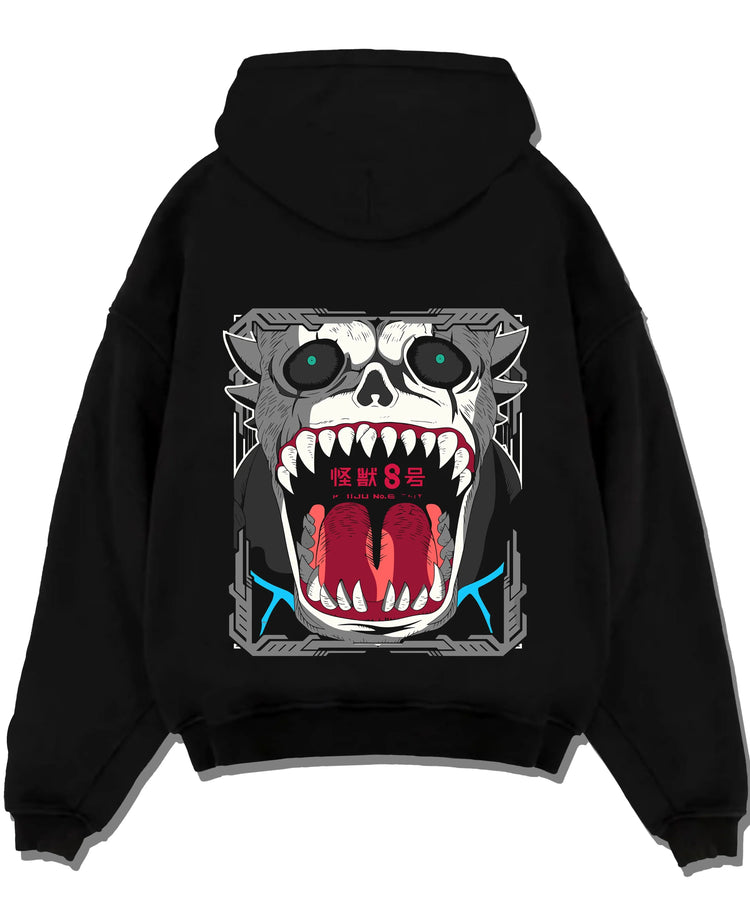 Black pullover hoodie laid flat with Kikoru Shinomiya Hoodie Kaiju No. 8 Defense Force graphic bold anime graphic.