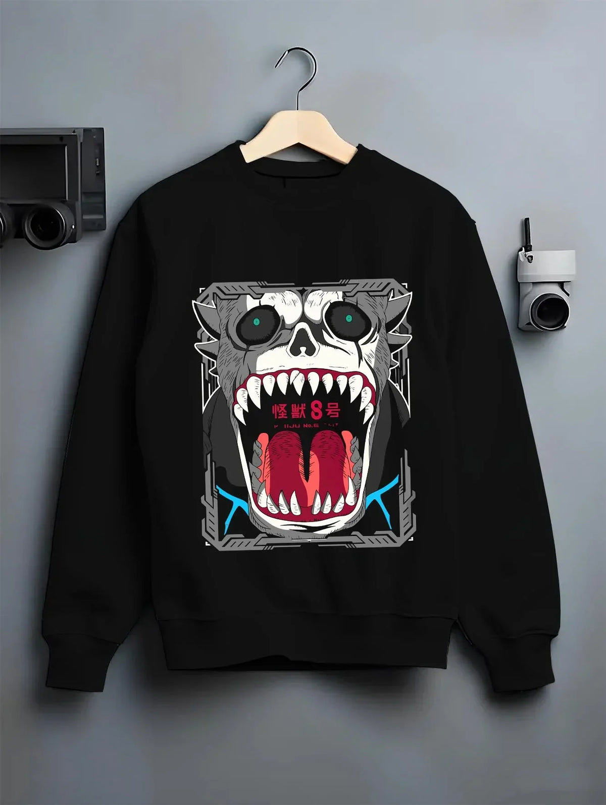 Black crewneck sweatshirt on hanger with Kikoru Shinomiya Hoodie Kaiju No. 8 Defense Force graphic streetwear graphic.